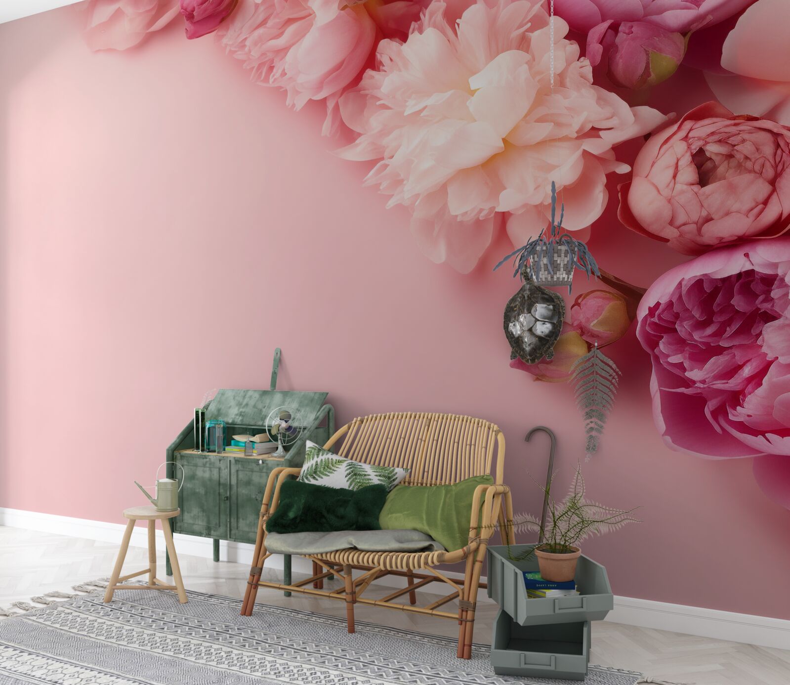 Papier peint différentes fleurs roses sur un fond de même teinte