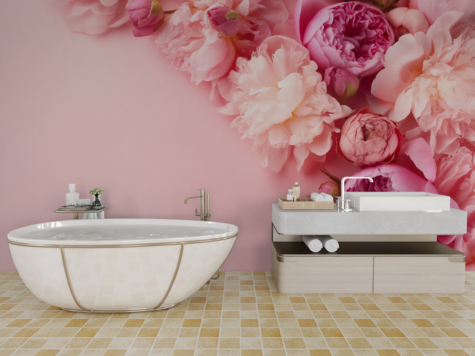 Papier peint différentes fleurs roses sur un fond de même teinte