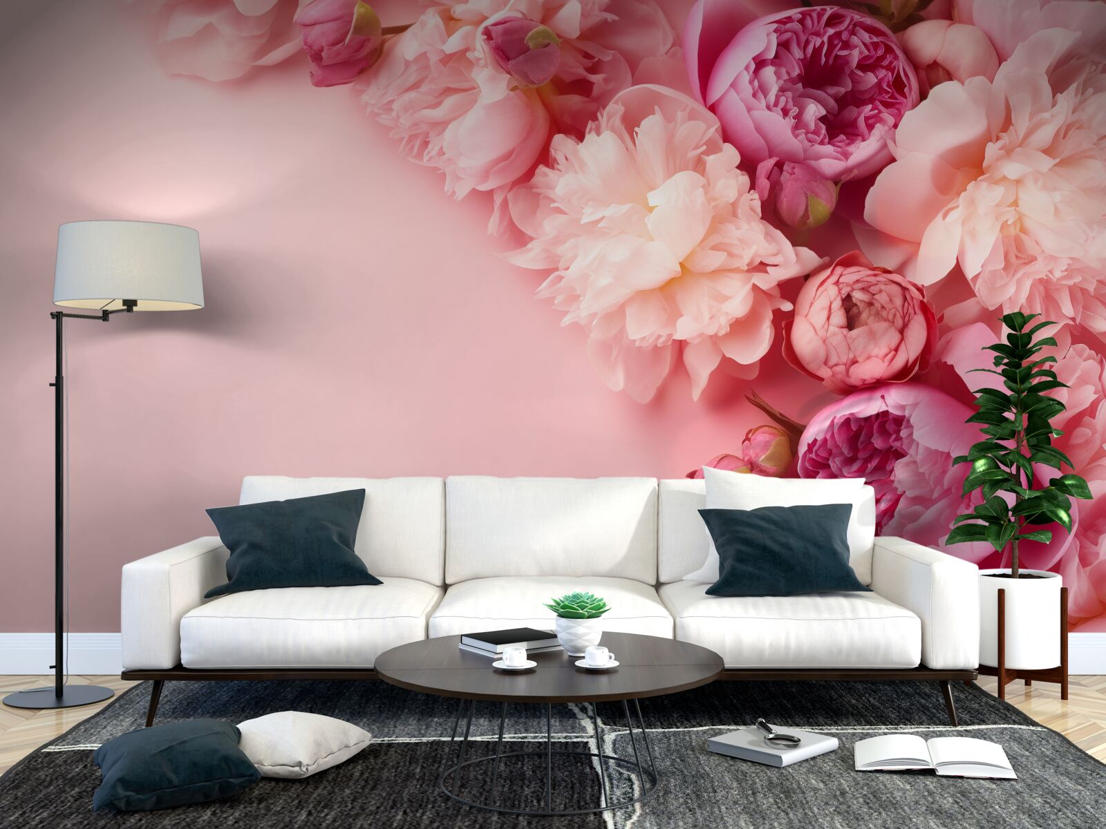 Papier peint différentes fleurs roses sur un fond de même teinte