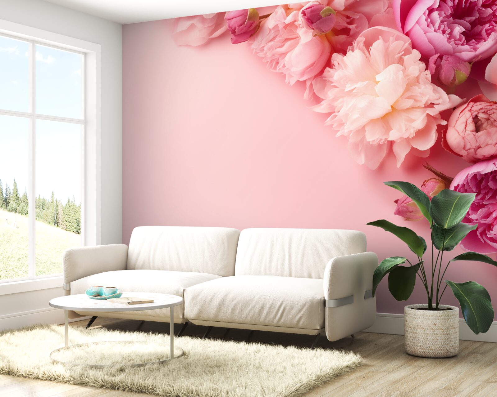 Papier peint différentes fleurs roses sur un fond de même teinte