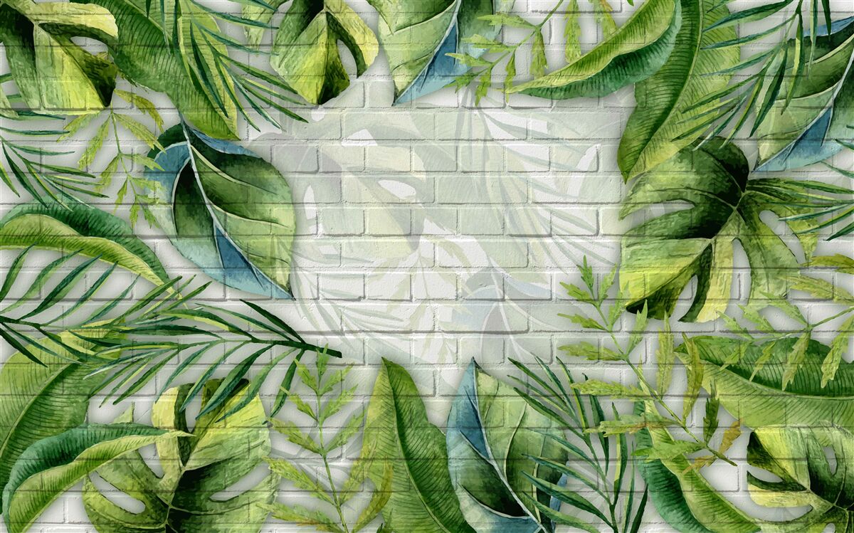 Papier peint vert tropical sur un mur de briques
