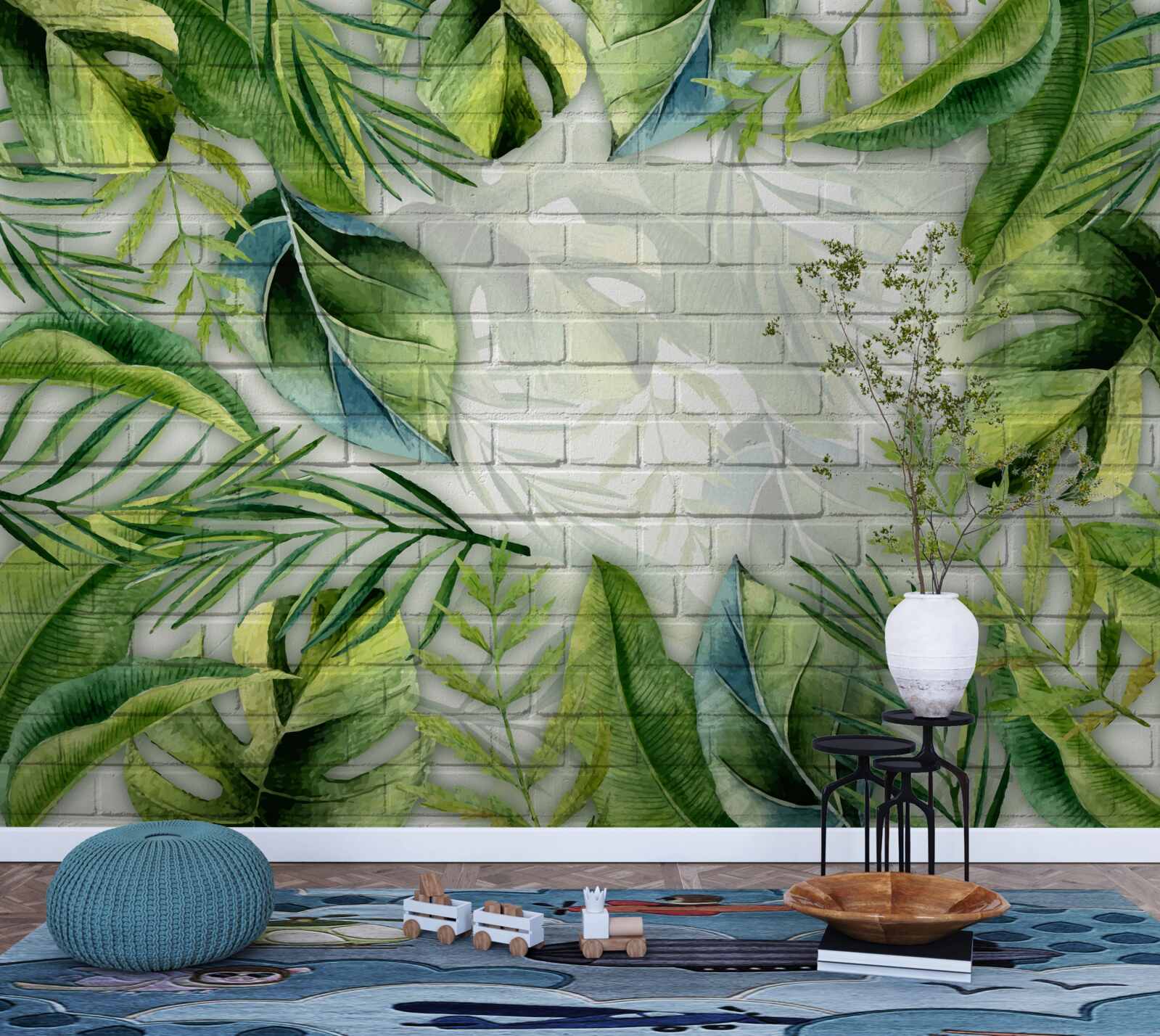 Papier peint vert tropical sur un mur de briques