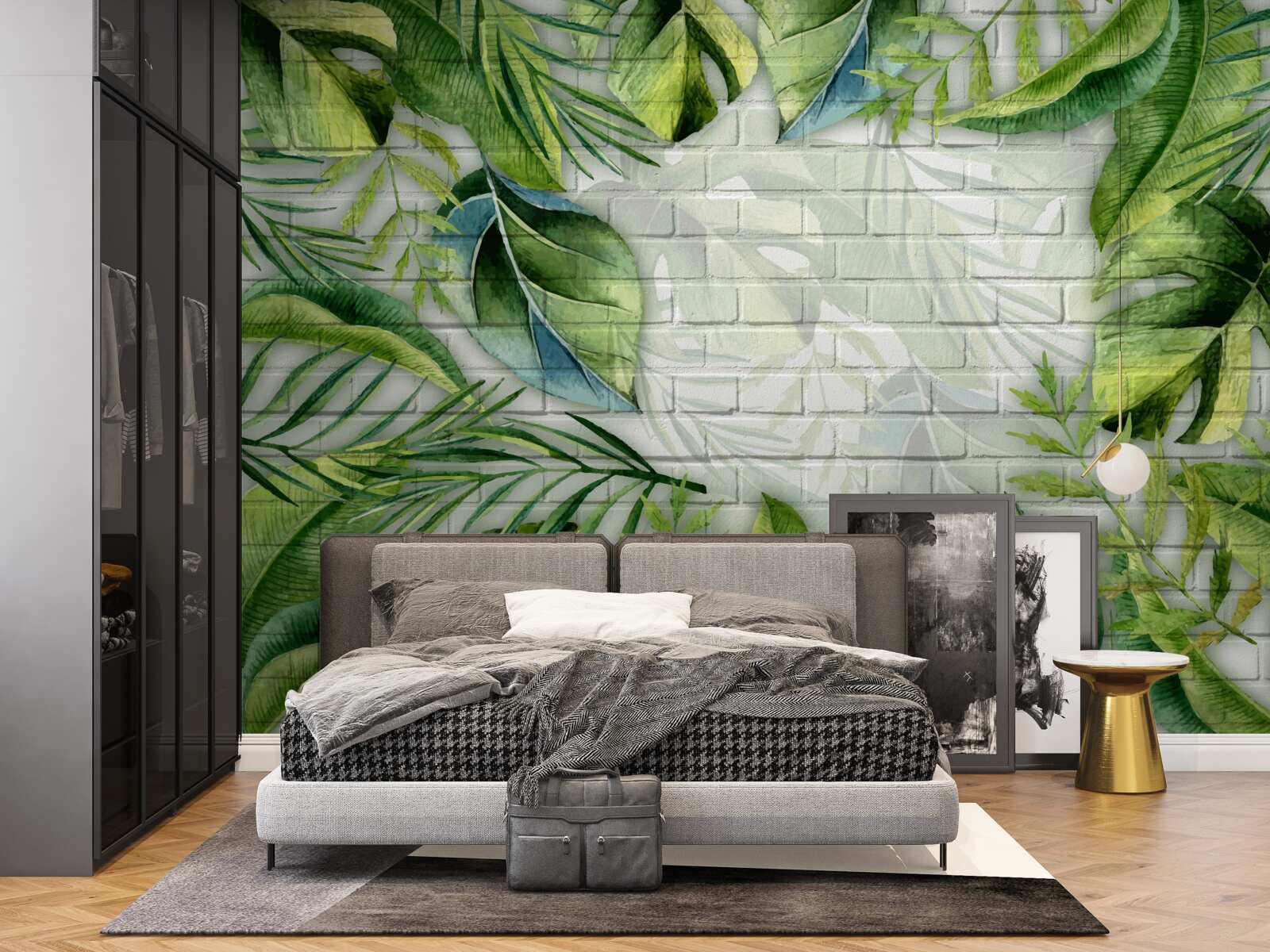 Papier peint vert tropical sur un mur de briques
