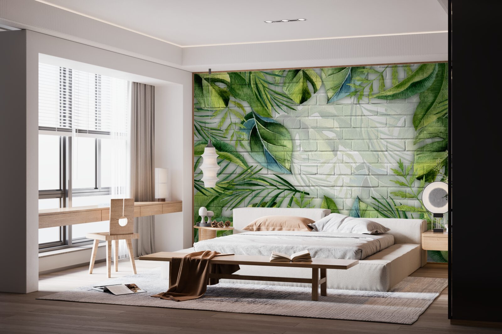 Papier peint vert tropical sur un mur de briques