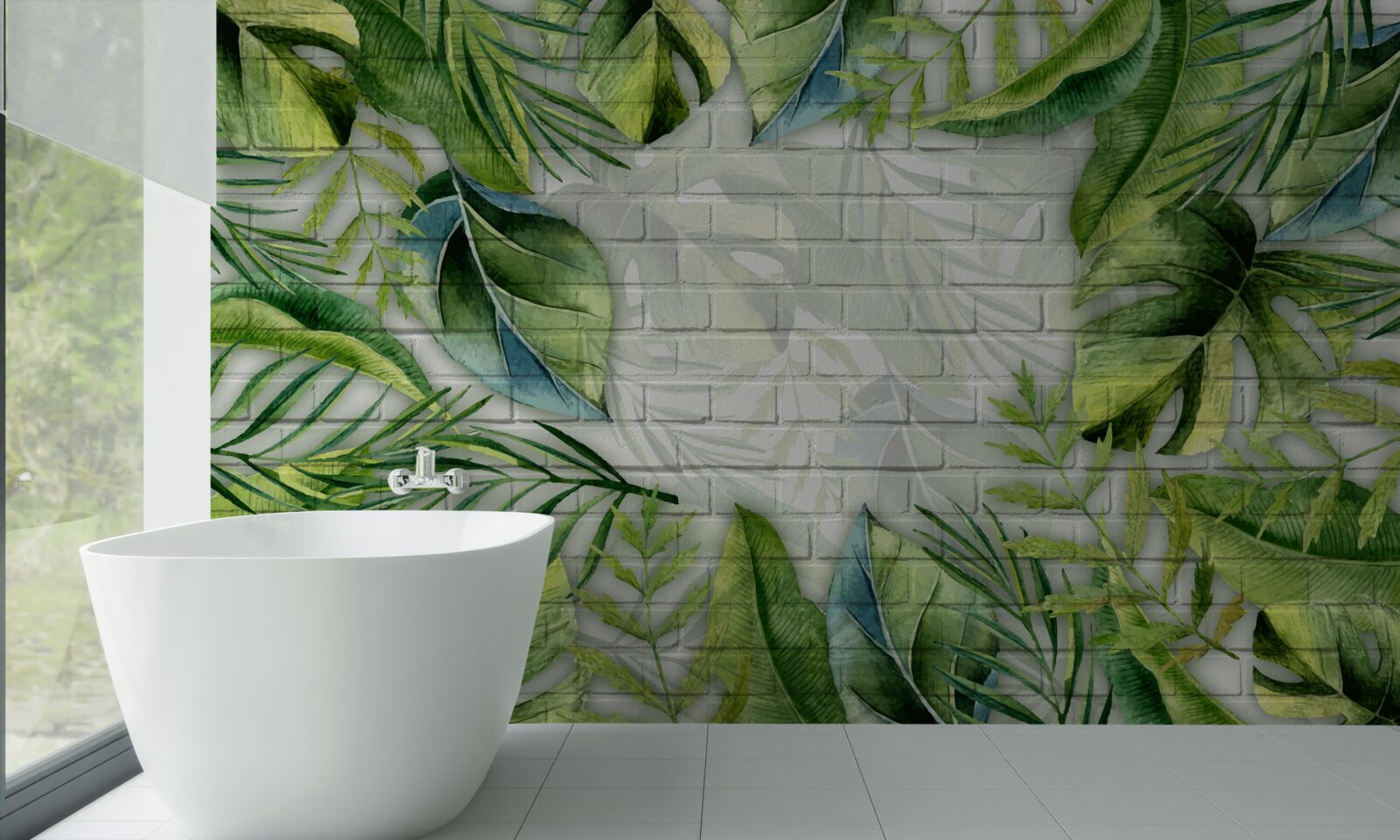 Papier peint vert tropical sur un mur de briques
