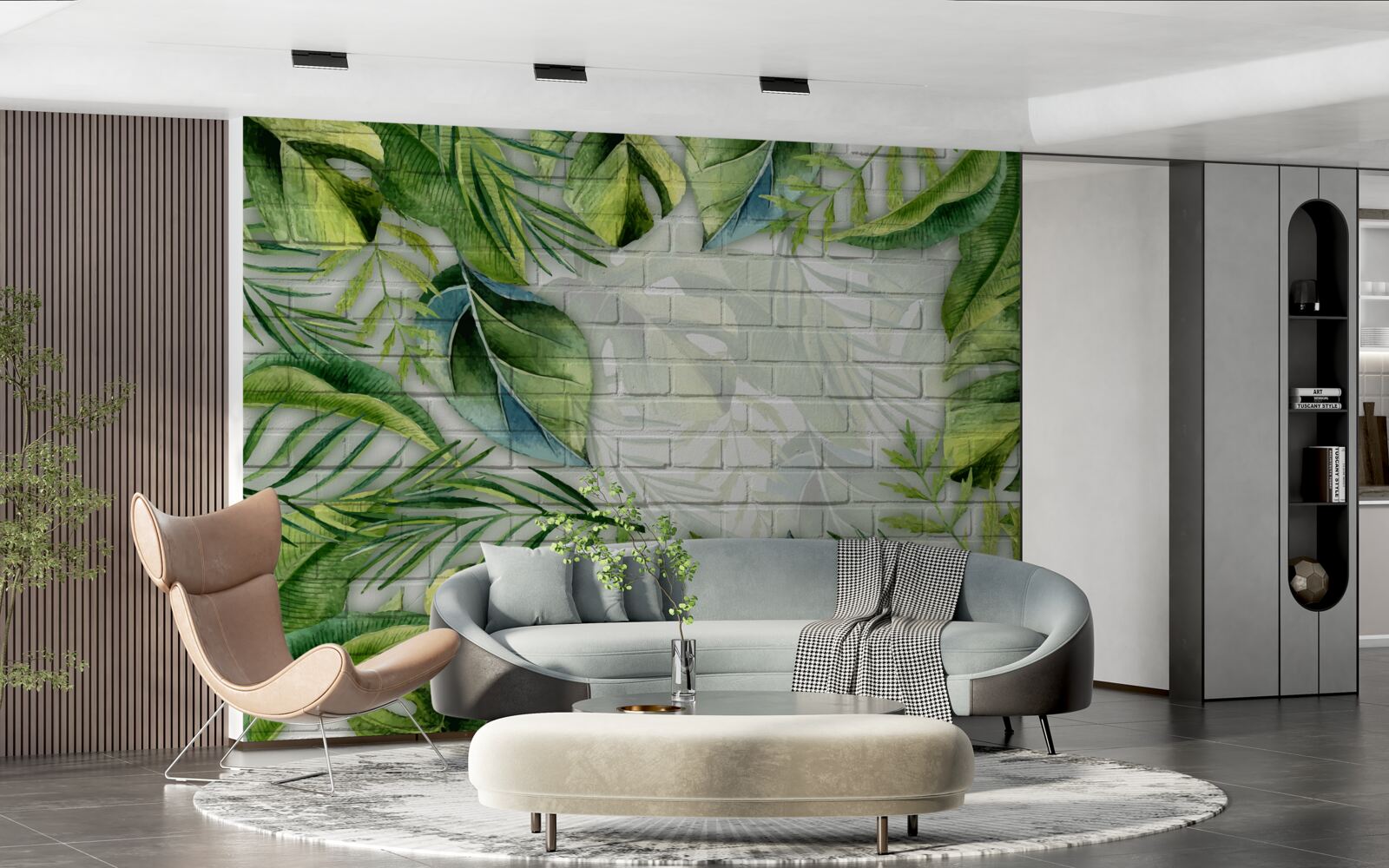 Papier peint vert tropical sur un mur de briques