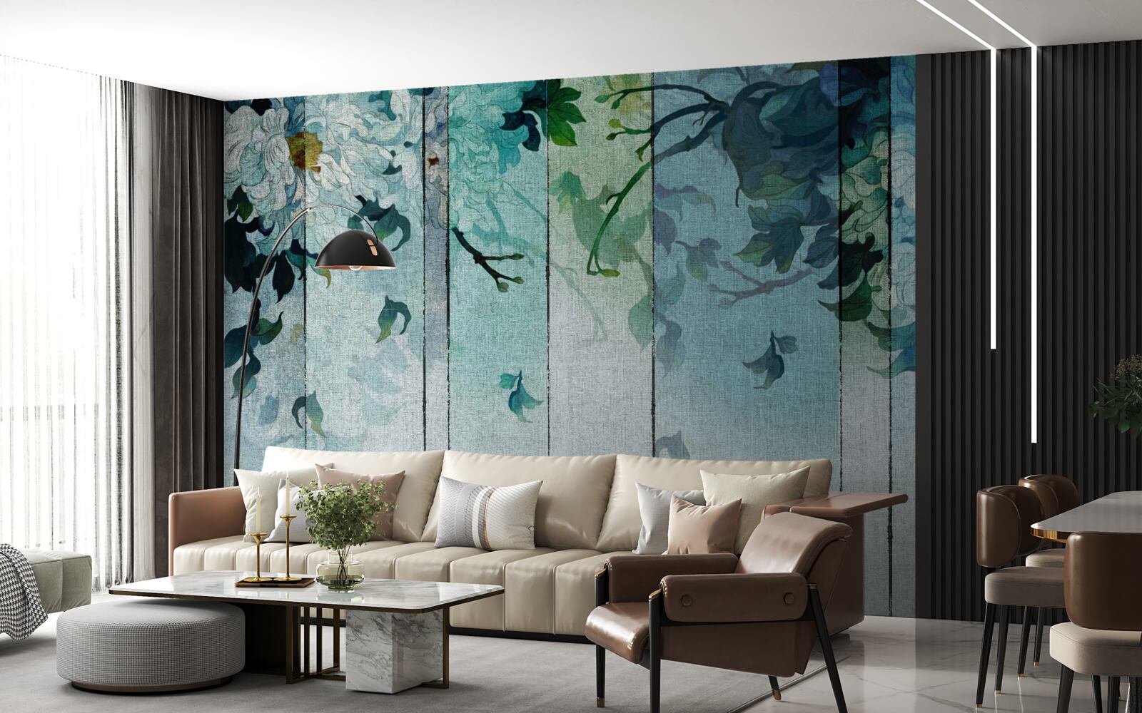 Papier peint flore en nuances d'écume de mer