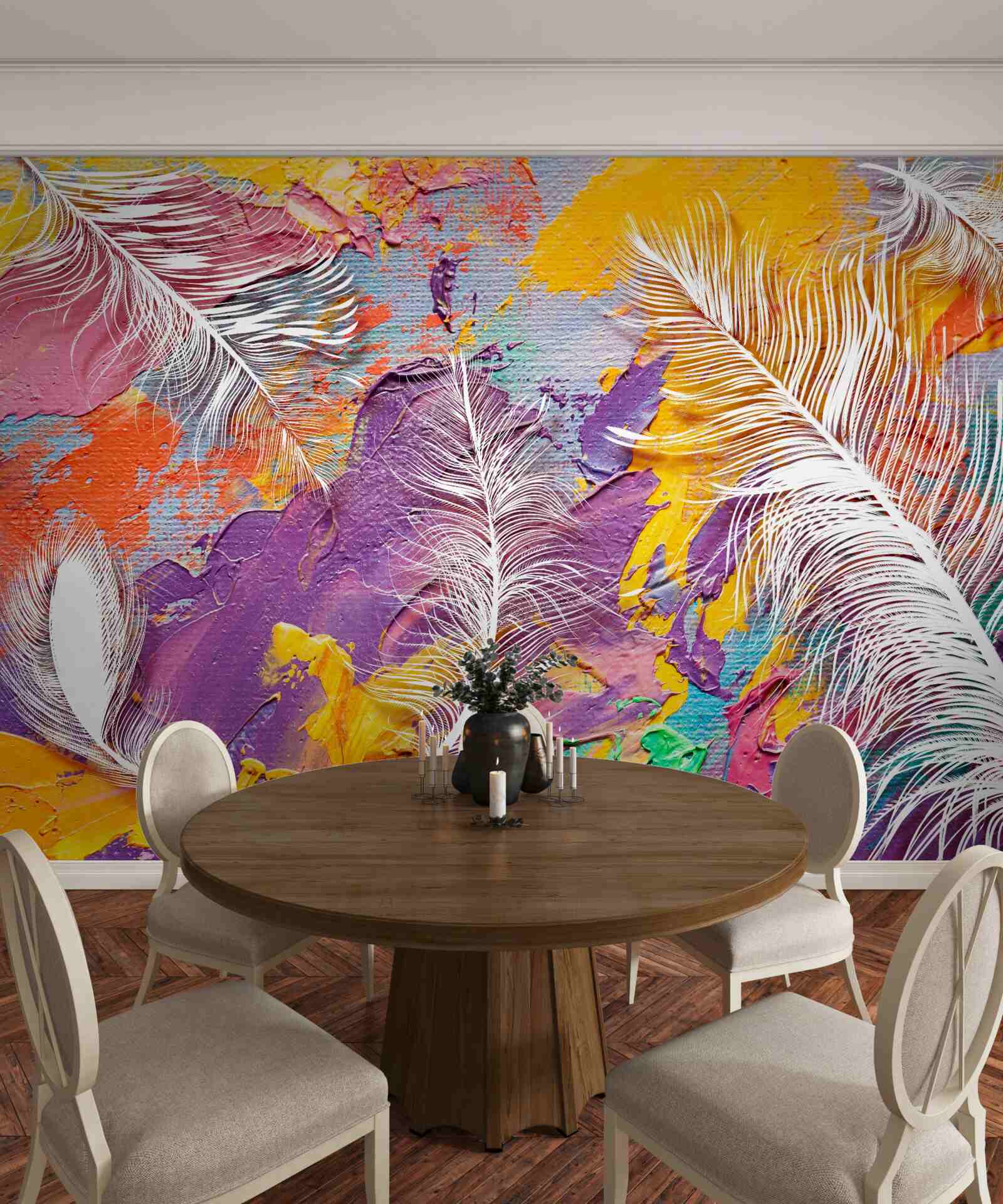 Papier peint tons intenses et plumes blanches