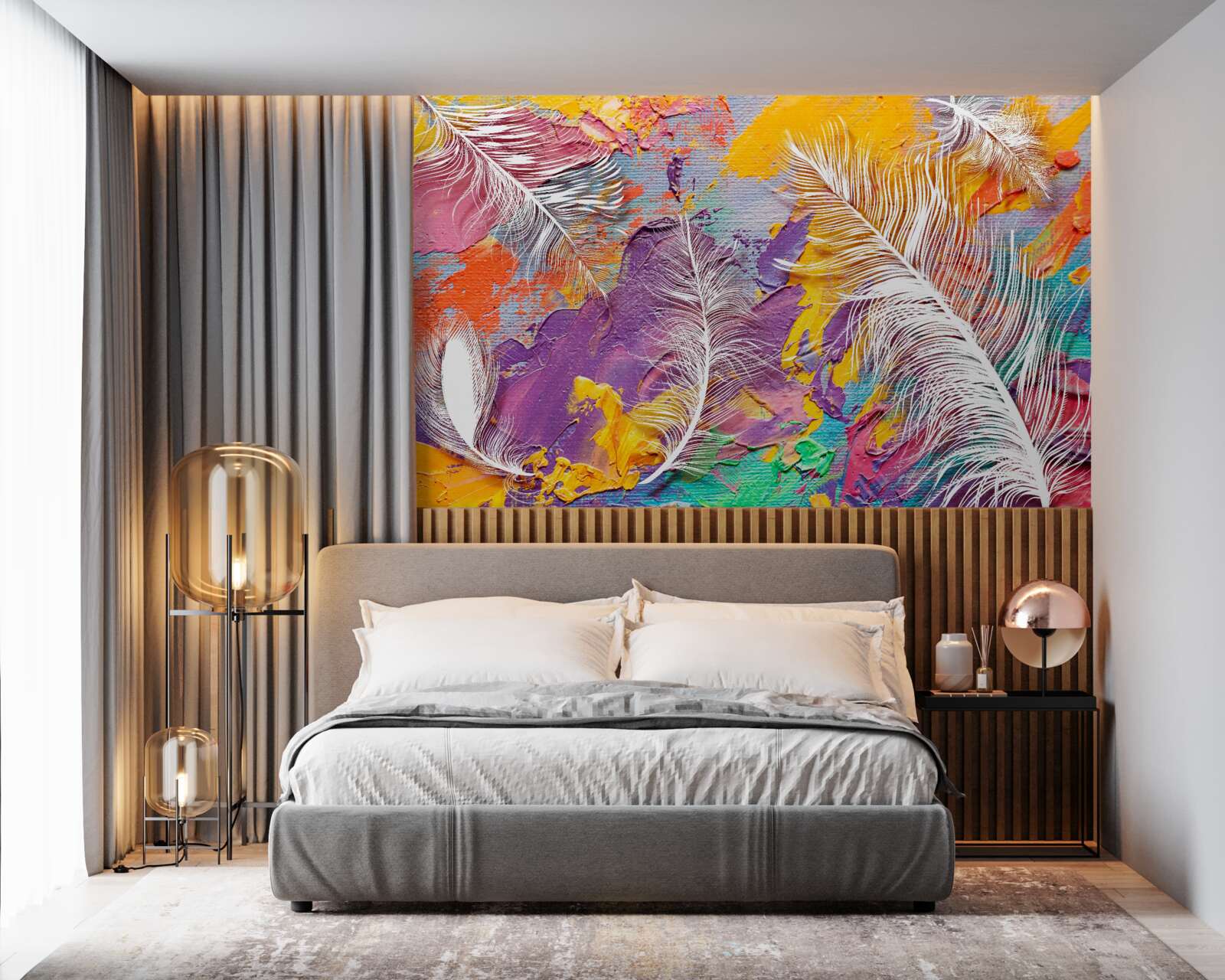 Papier peint tons intenses et plumes blanches