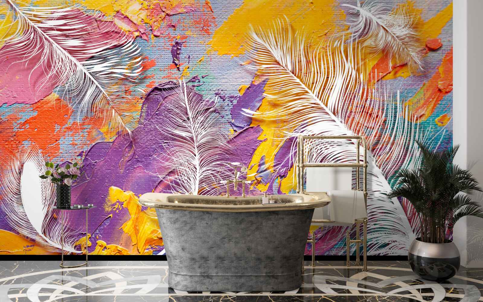 Papier peint tons intenses et plumes blanches