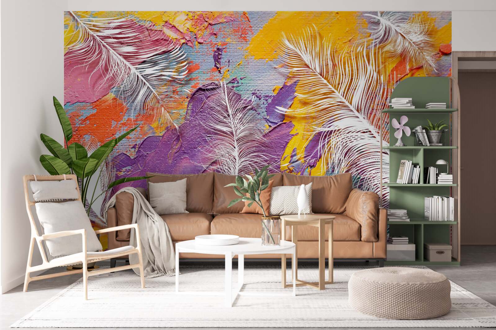 Papier peint tons intenses et plumes blanches