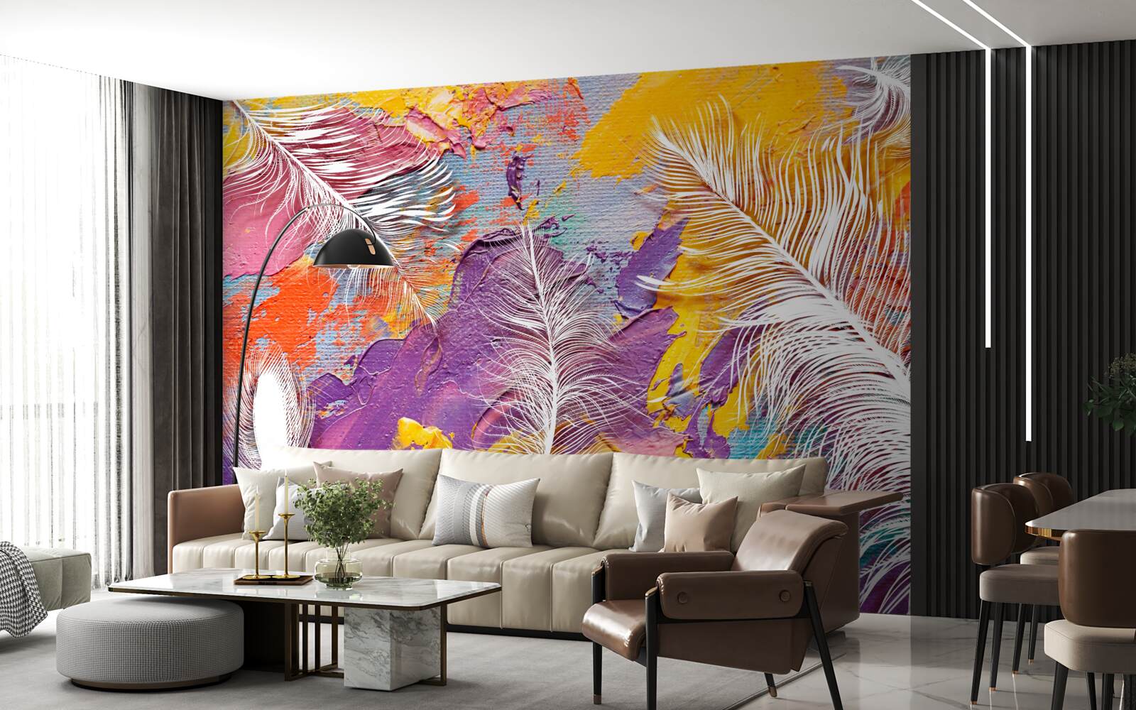 Papier peint tons intenses et plumes blanches