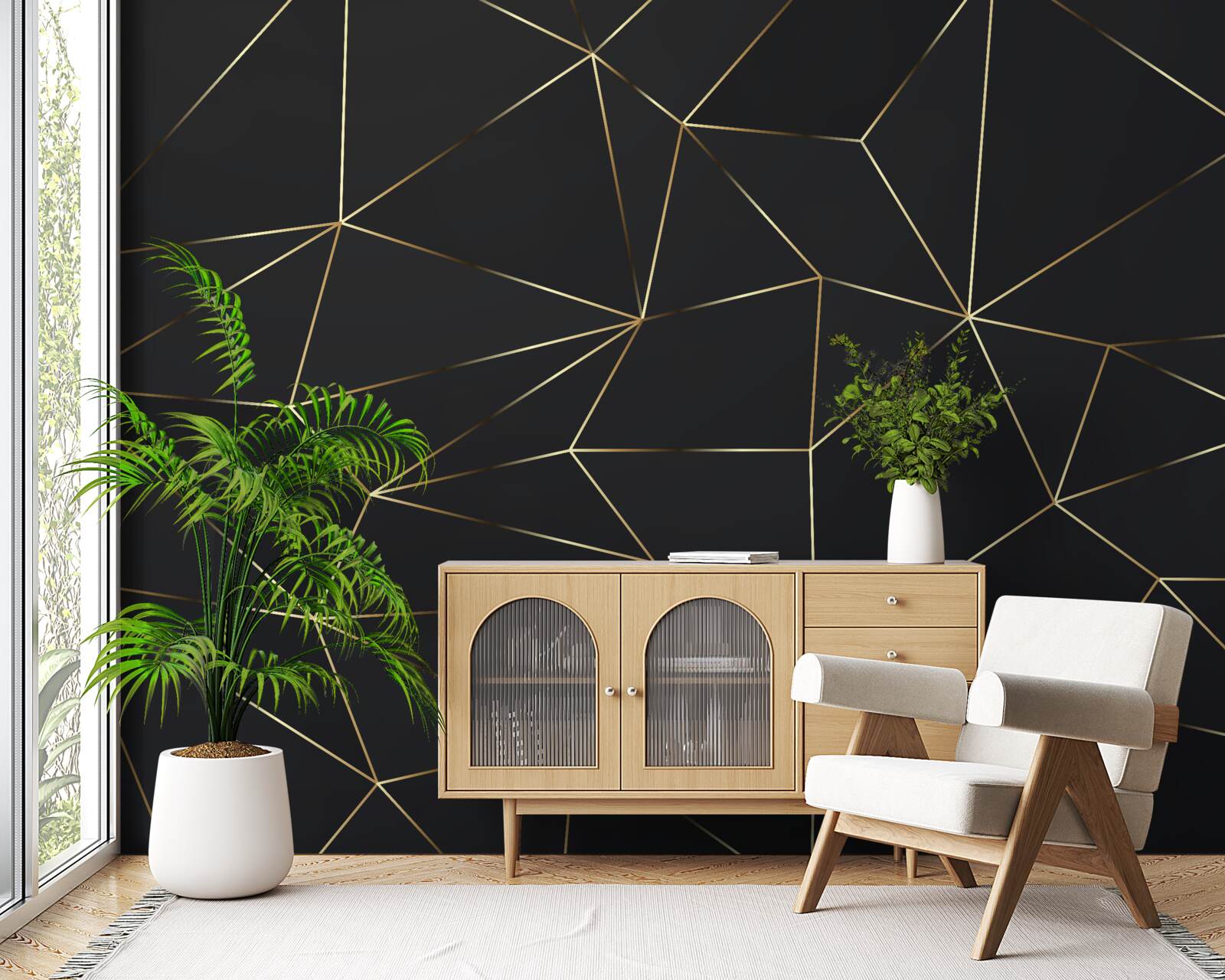 Papier peint formes géométriques aux bords dorés