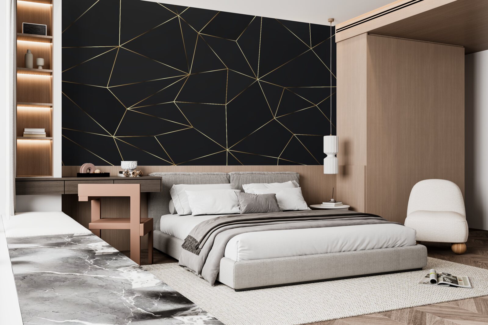 Papier peint formes géométriques aux bords dorés