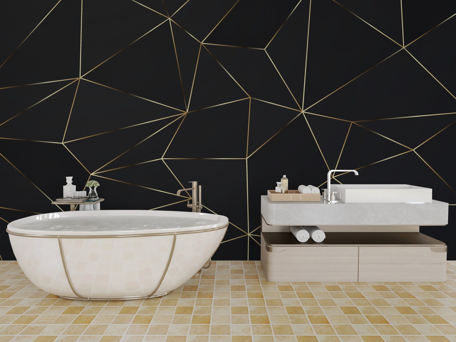 Papier peint formes géométriques aux bords dorés