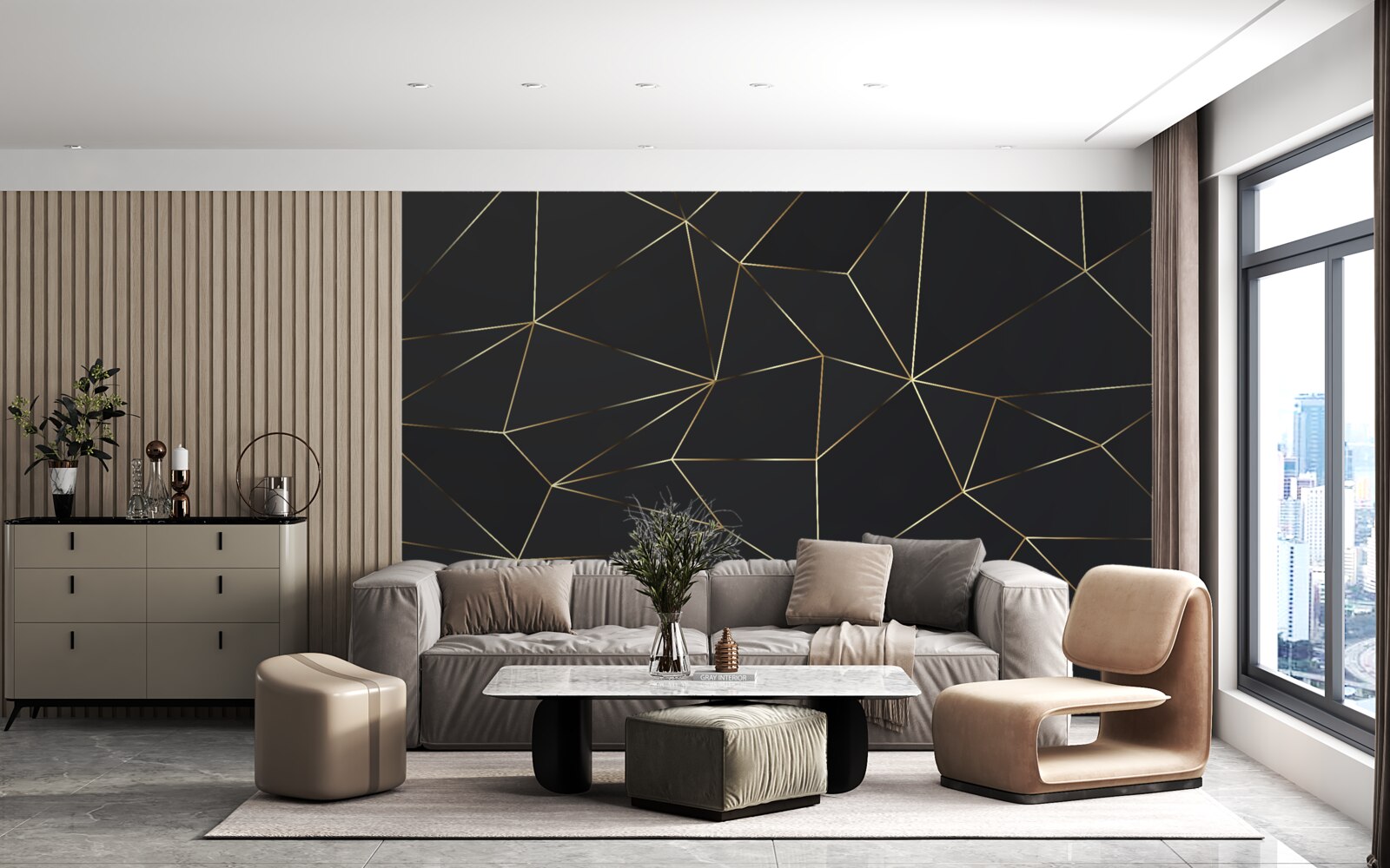 Papier peint formes géométriques aux bords dorés