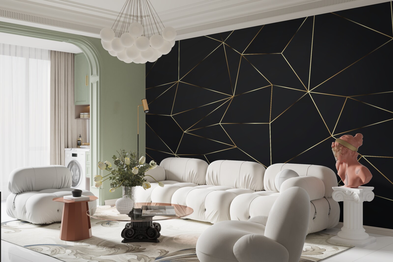 Papier peint formes géométriques aux bords dorés