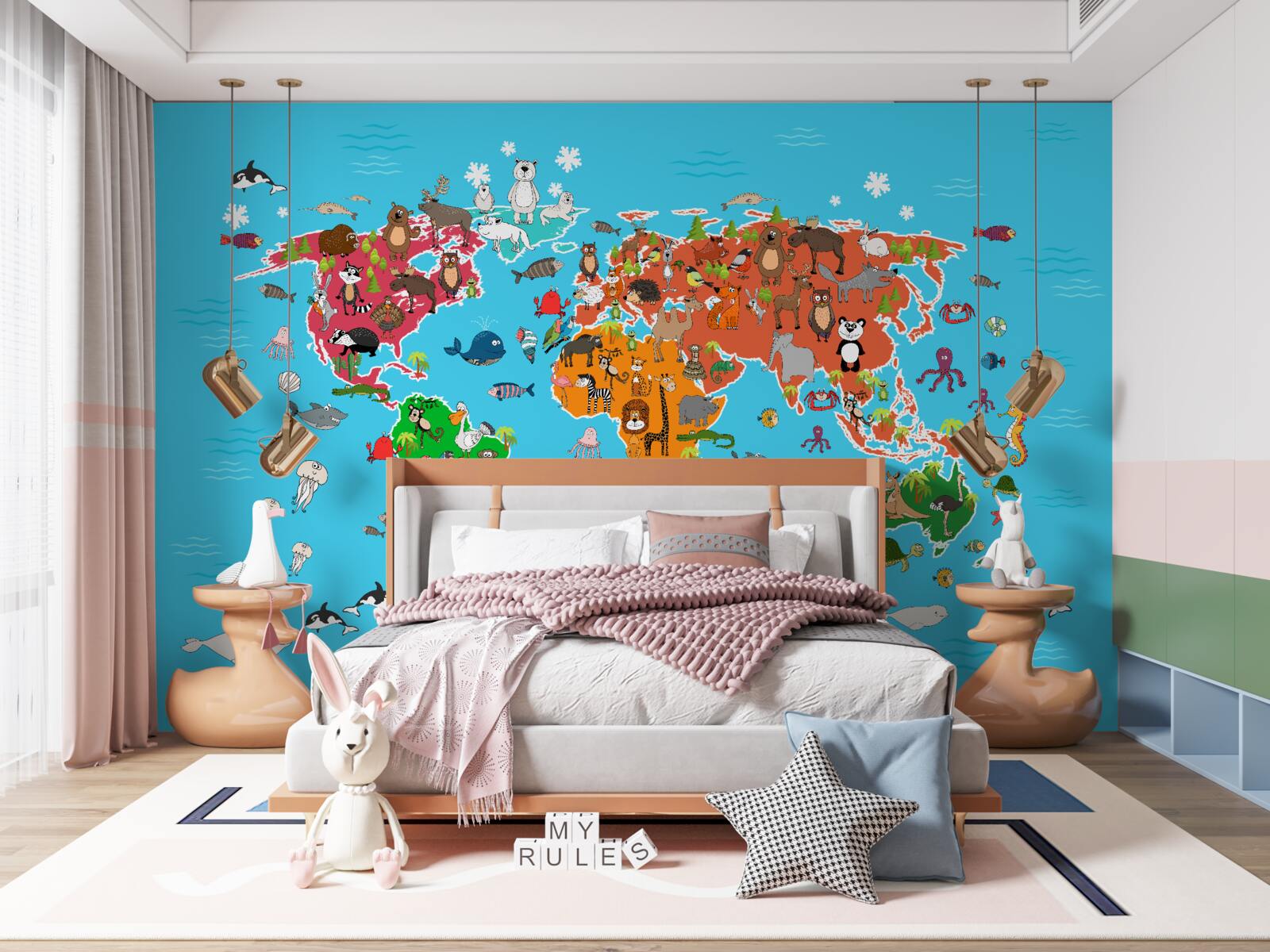 Papier peint une grande variété d'animaux sur une carte du monde avec des détails vivants