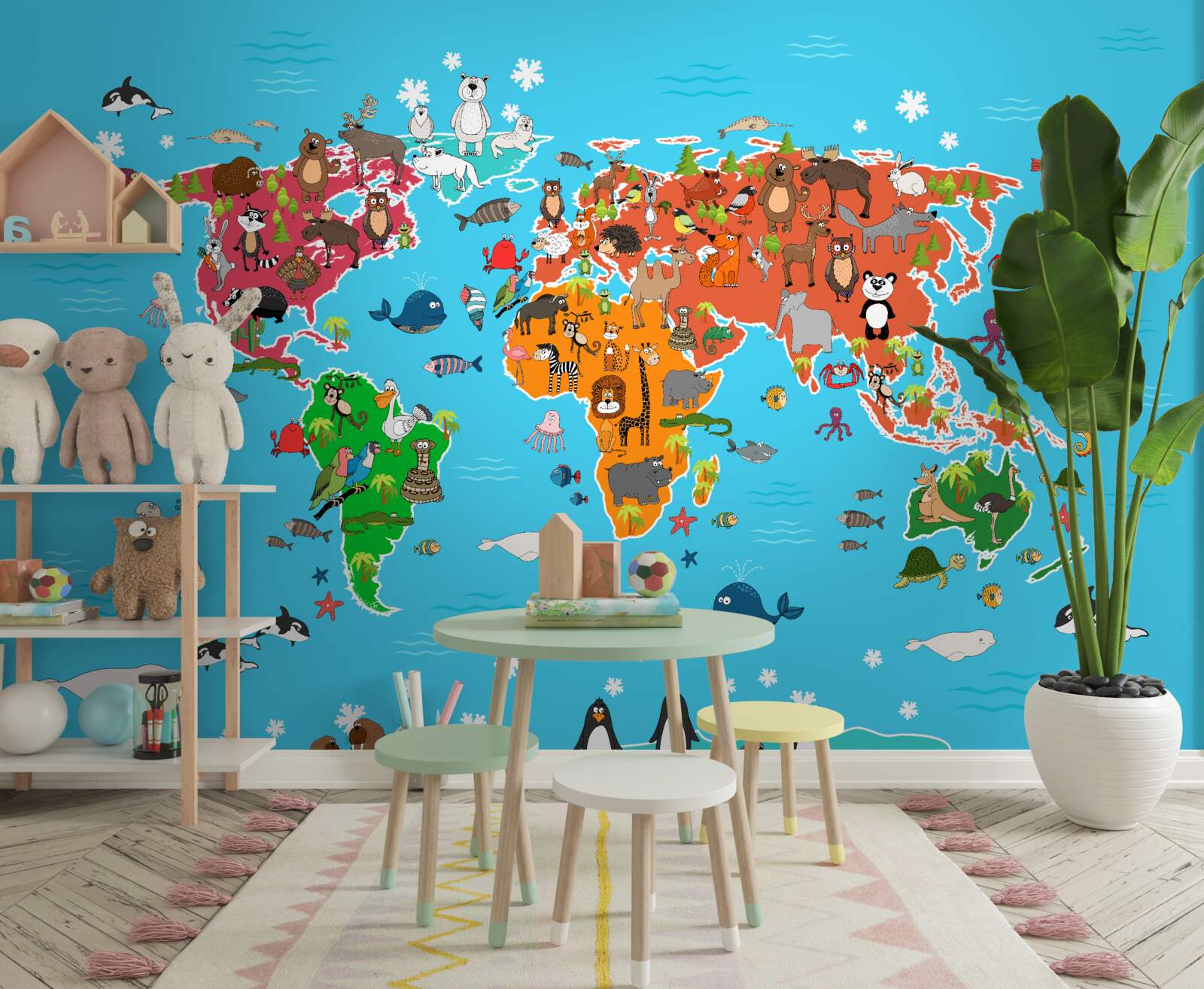 Papier peint une grande variété d'animaux sur une carte du monde avec des détails vivants