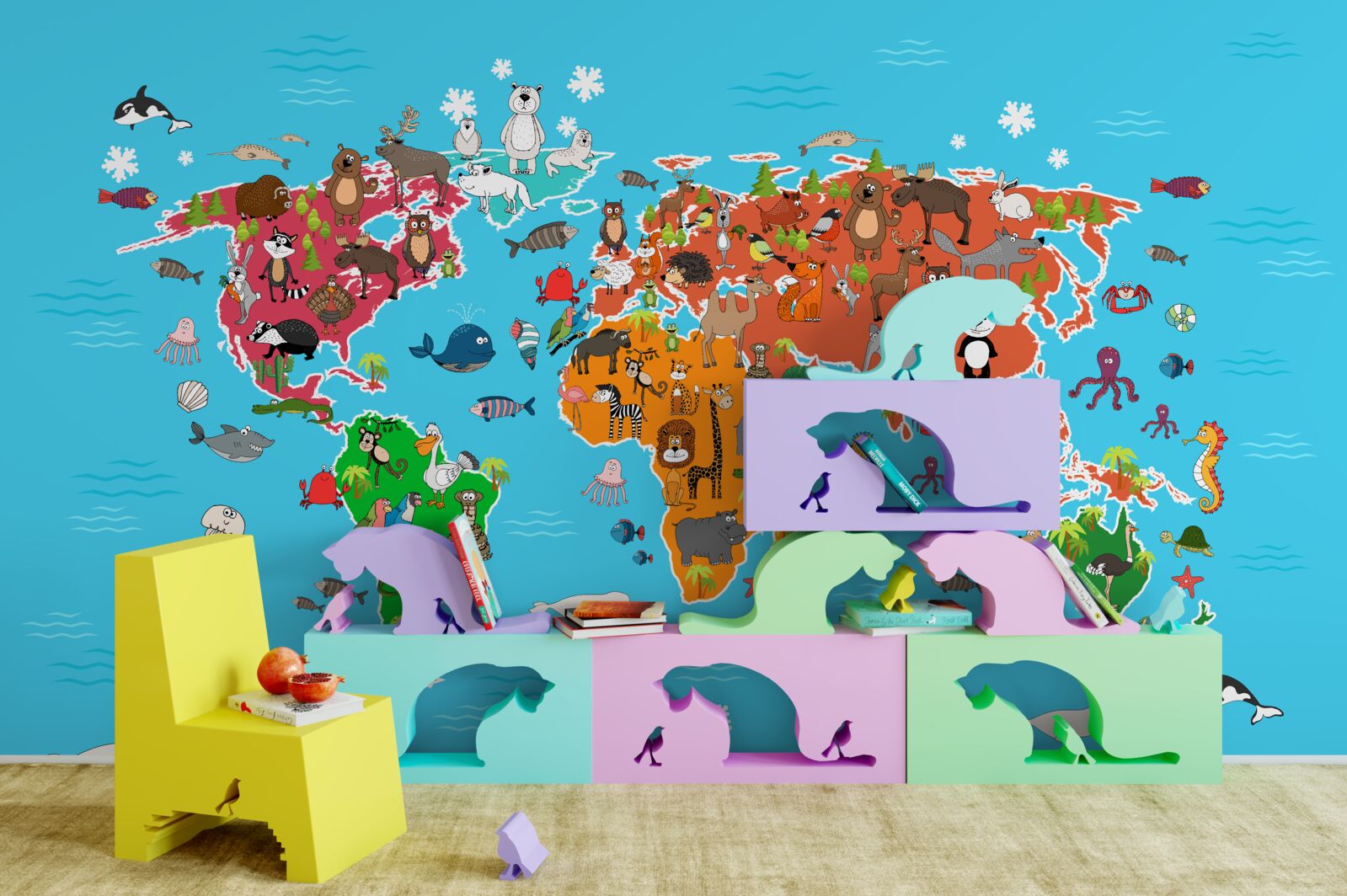 Papier peint une grande variété d'animaux sur une carte du monde avec des détails vivants