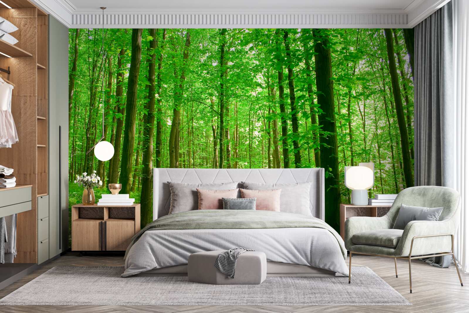 Papier peint forêt d'été clairsemée avec des arbres à feuilles caduques