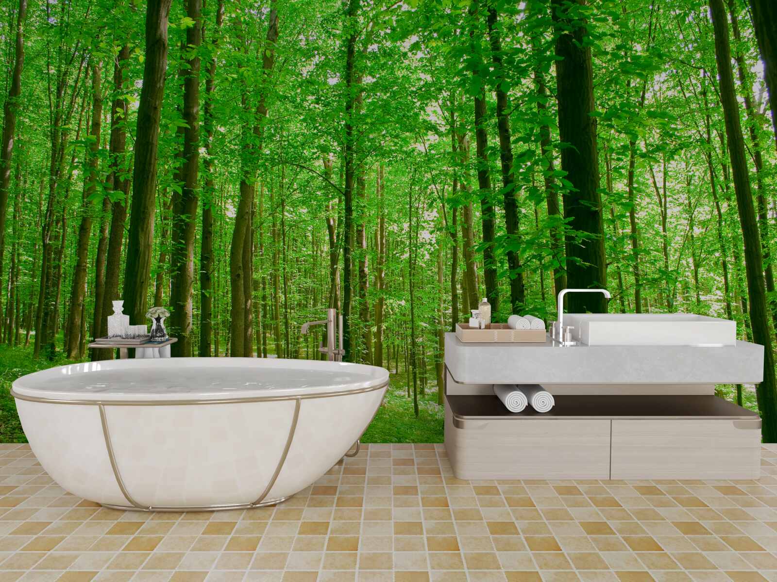 Papier peint forêt d'été clairsemée avec des arbres à feuilles caduques