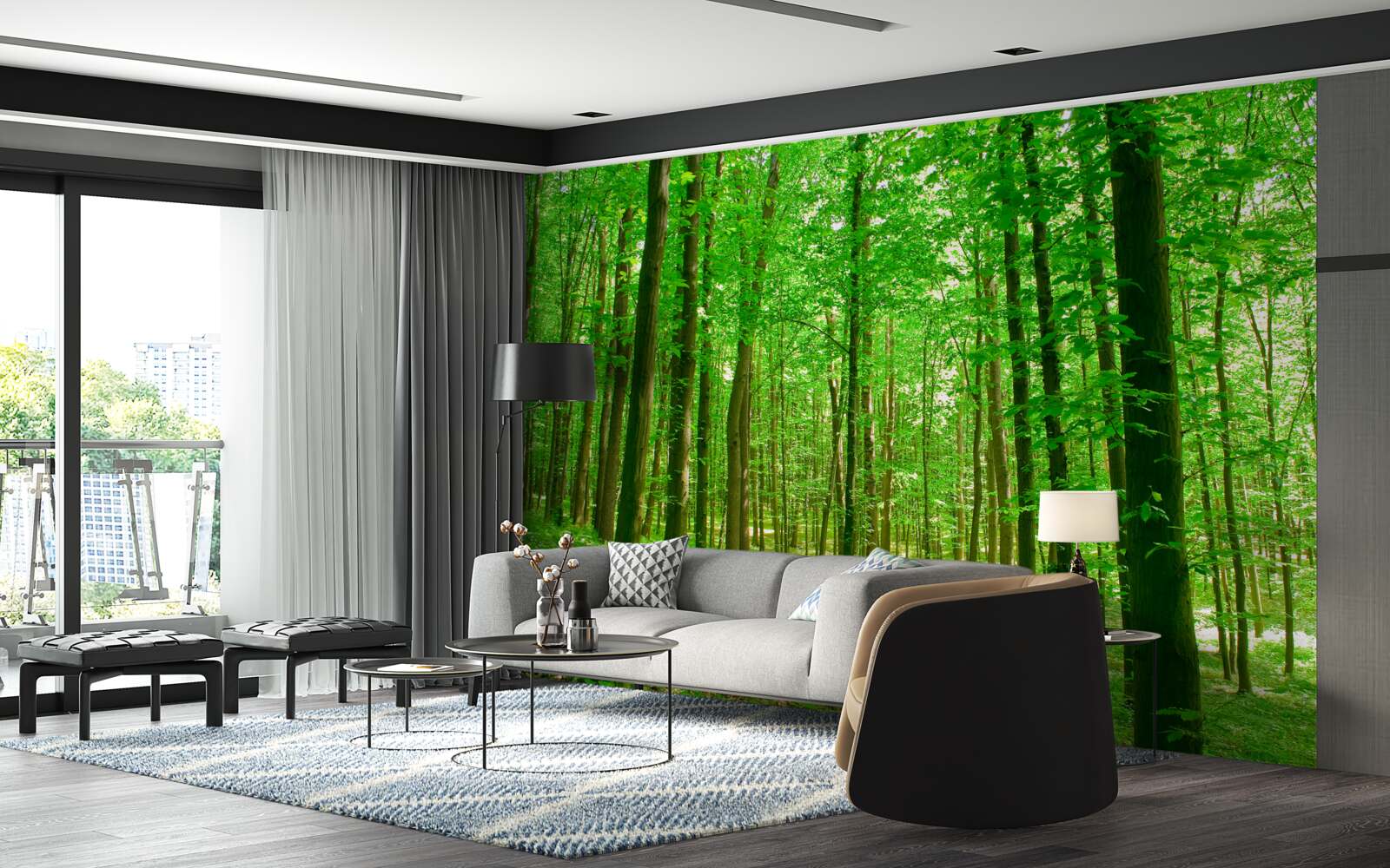 Papier peint forêt d'été clairsemée avec des arbres à feuilles caduques