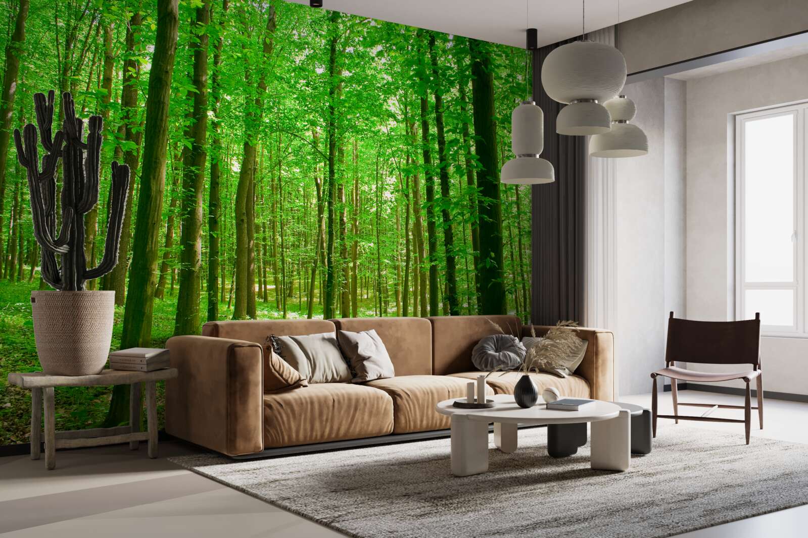 Papier peint forêt d'été clairsemée avec des arbres à feuilles caduques