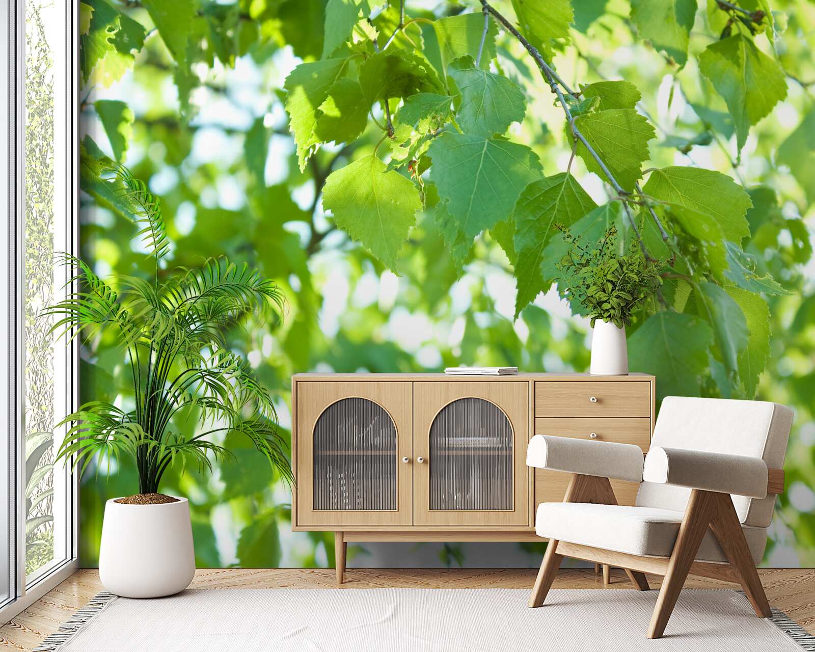 Papier peint feuilles de bouleau sur fond de ciel bleu