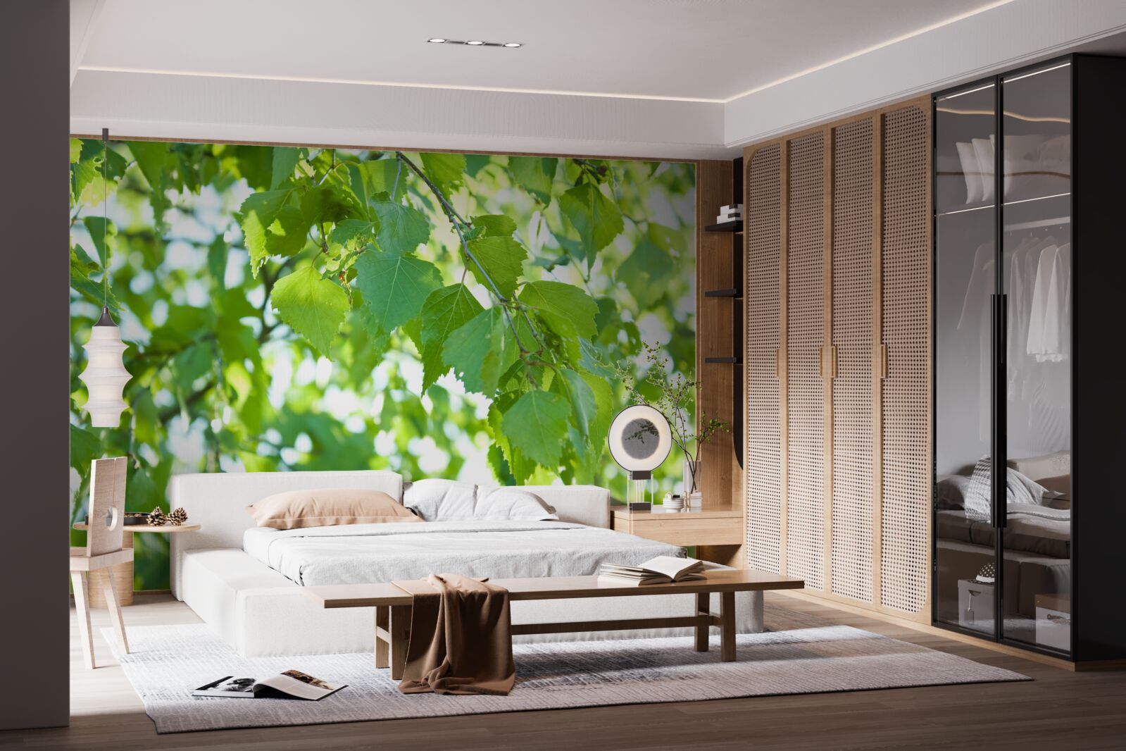 Papier peint feuilles de bouleau sur fond de ciel bleu