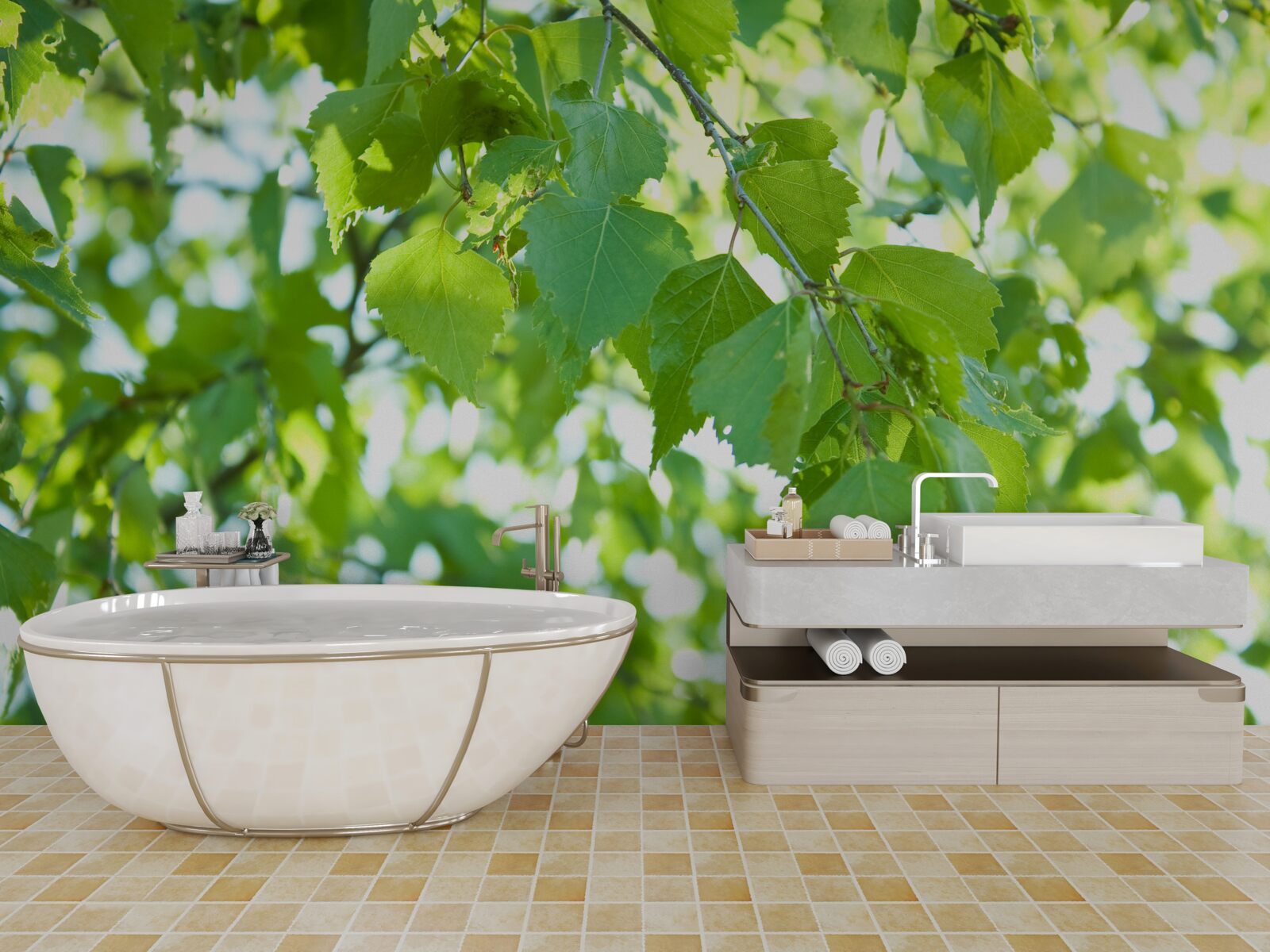 Papier peint feuilles de bouleau sur fond de ciel bleu