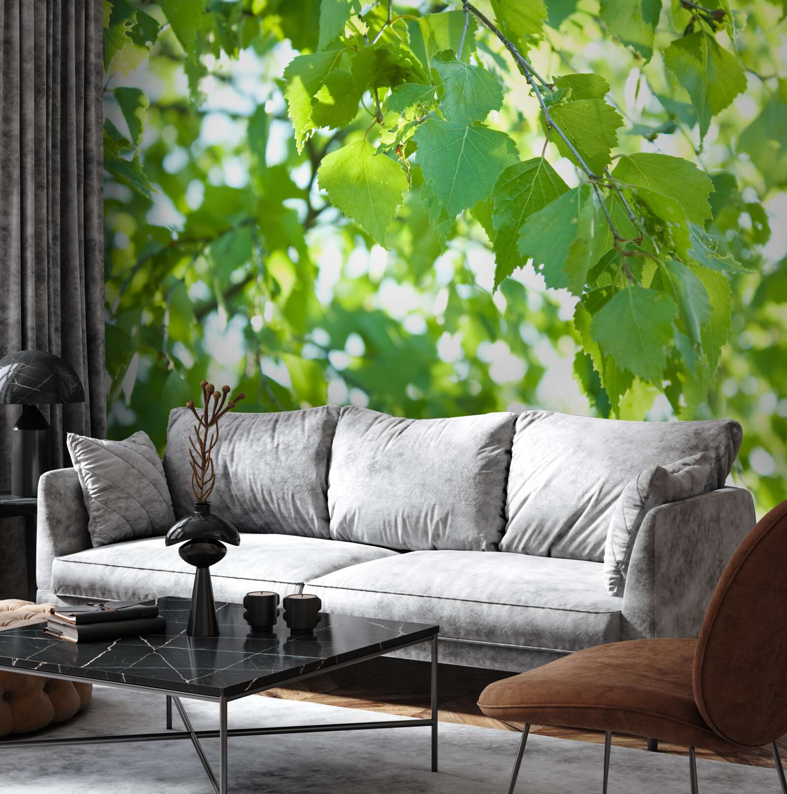 Papier peint feuilles de bouleau sur fond de ciel bleu