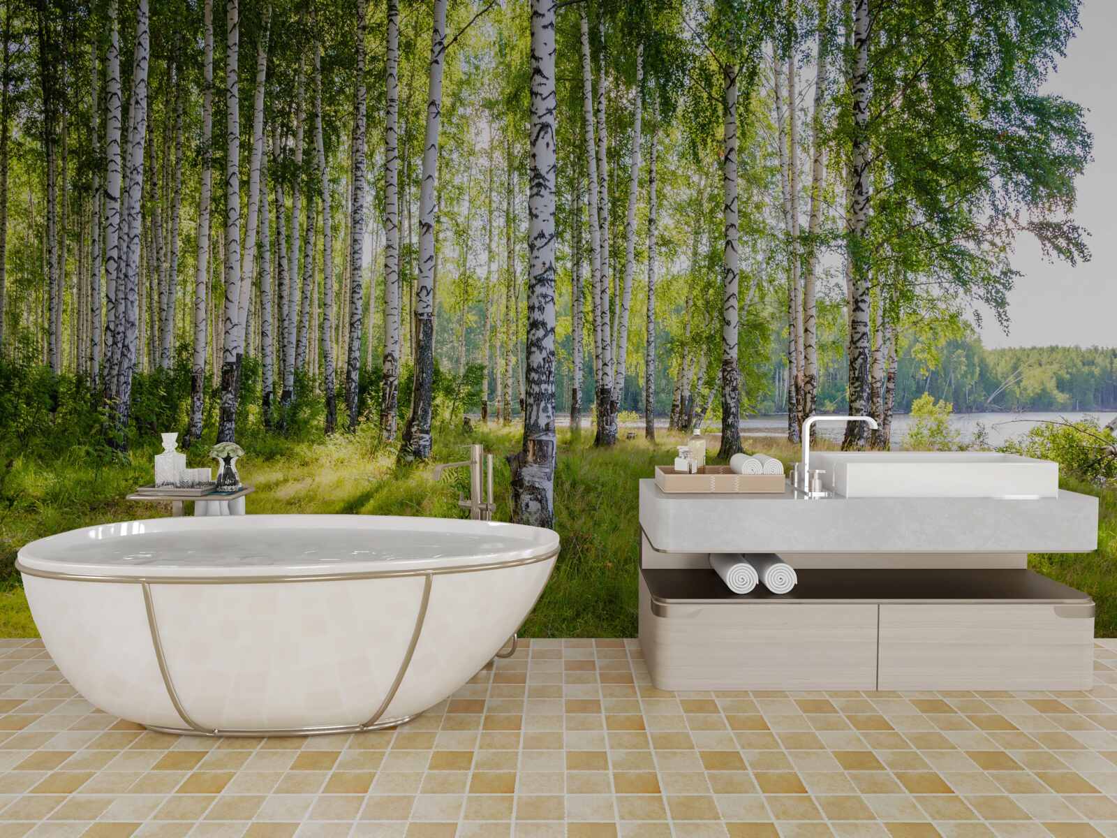 Papier peint Aube dans le maquis de bouleaux verts