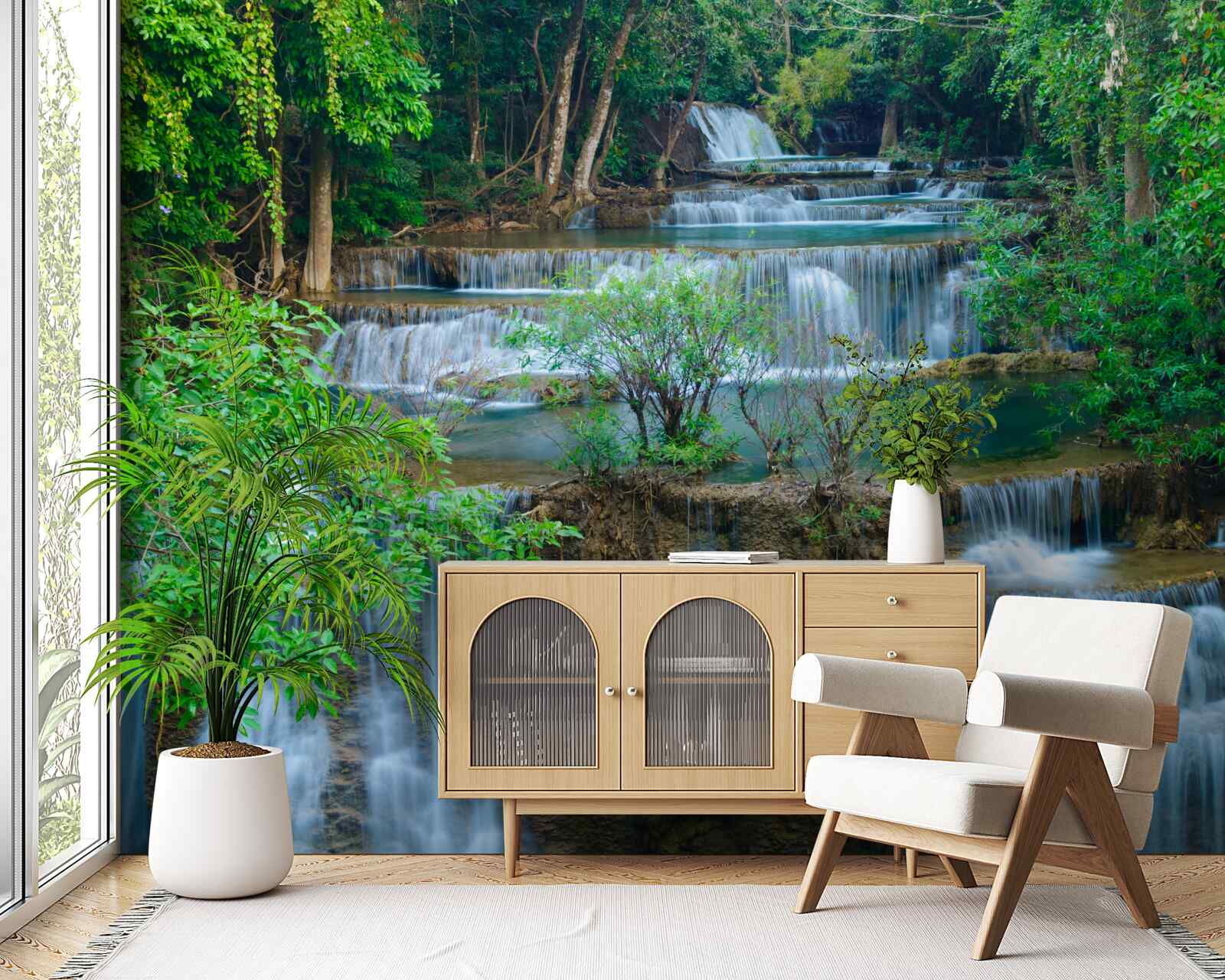 Papier peint les chutes d'eau qui tombent majestueusement dans les ruisseaux de la forêt forment une cascade