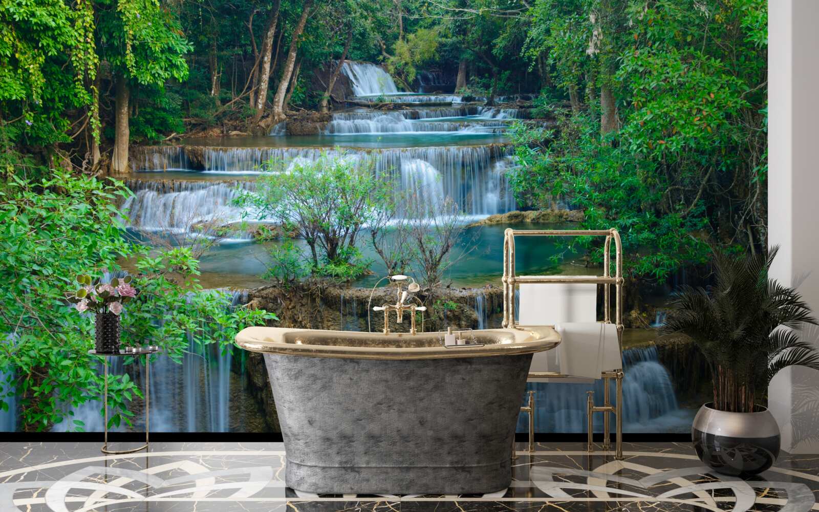 Papier peint les chutes d'eau qui tombent majestueusement dans les ruisseaux de la forêt forment une cascade