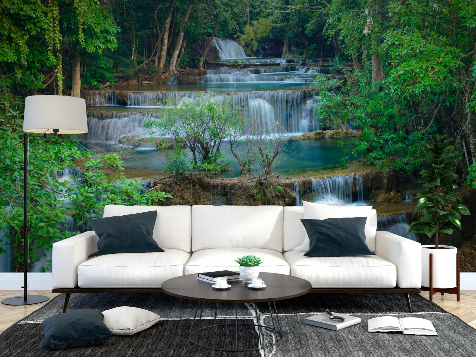 Papier peint les chutes d'eau qui tombent majestueusement dans les ruisseaux de la forêt forment une cascade