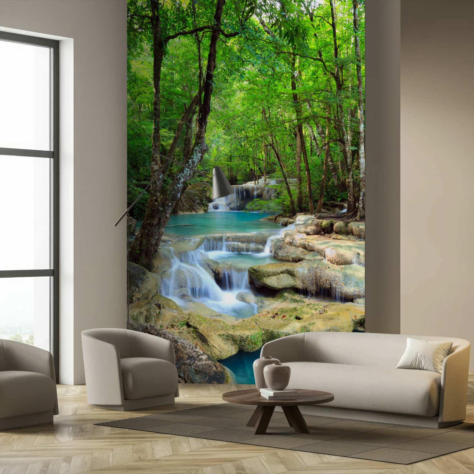 Papier peint chute d'eau avec des torrents d'eau cristalline tombant en cascade