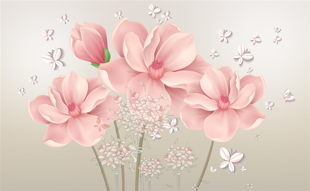 Papier peint papillons blancs et fleurs roses