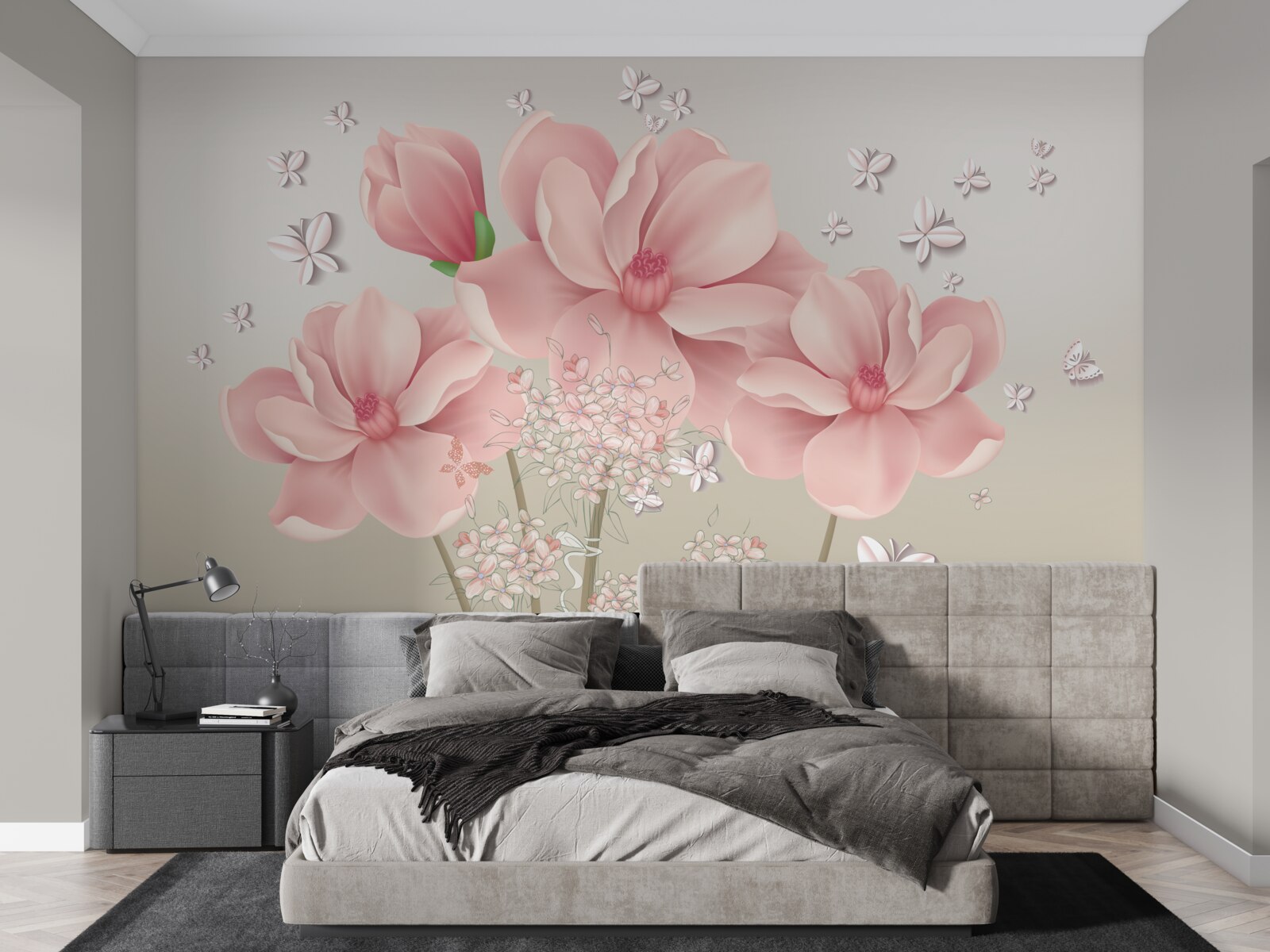 Papier peint papillons blancs et fleurs roses