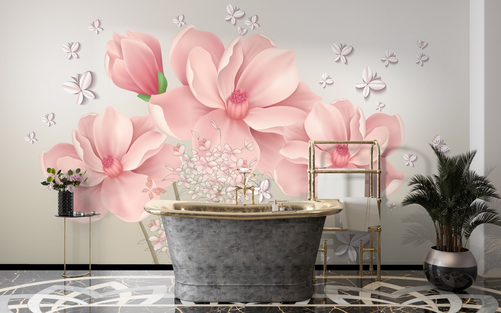 Papier peint papillons blancs et fleurs roses