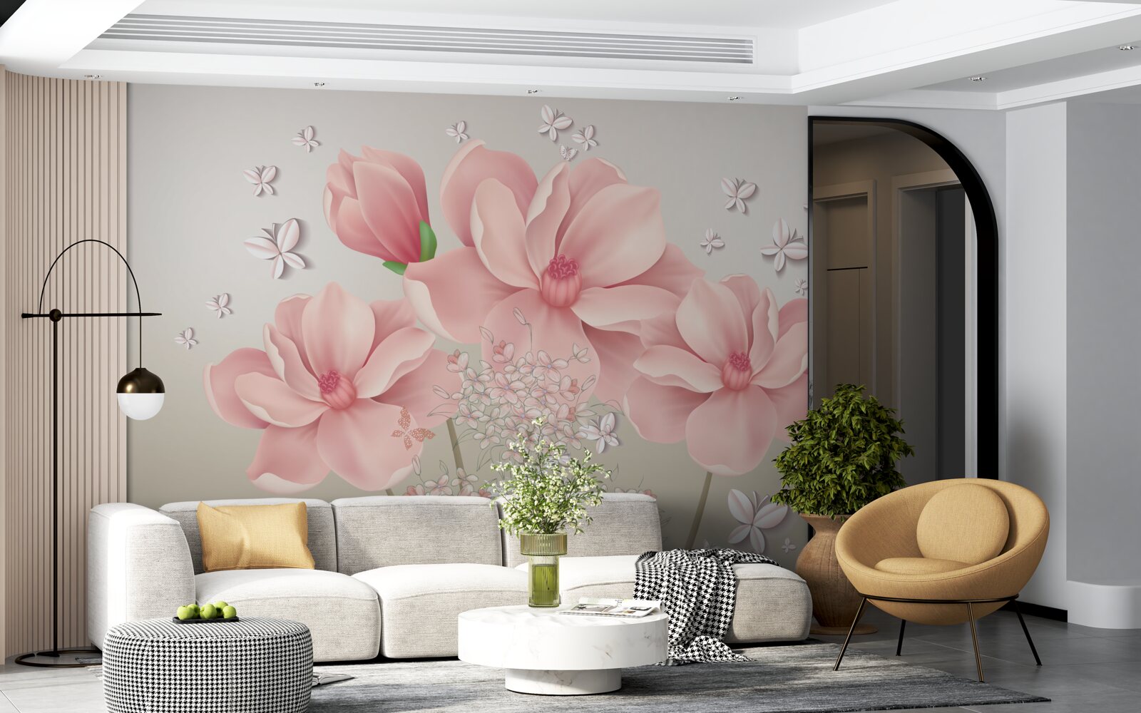 Papier peint papillons blancs et fleurs roses