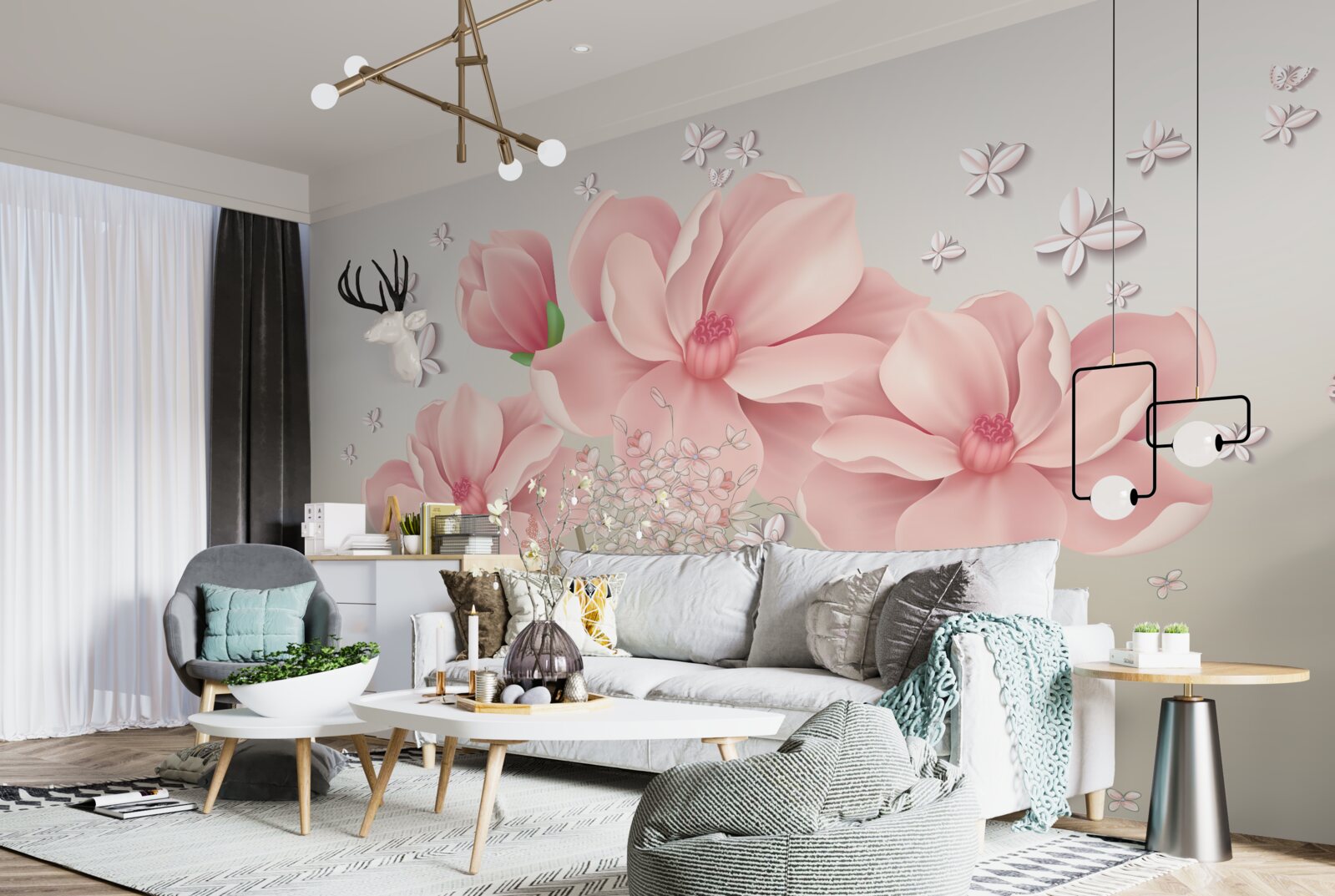 Papier peint papillons blancs et fleurs roses