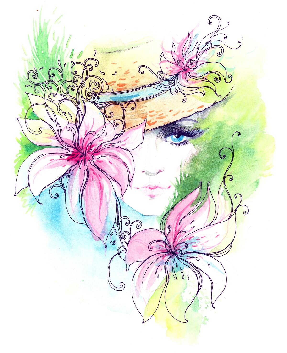 Papier peint portrait d'une jeune fille et fleurs représentées dans le tableau