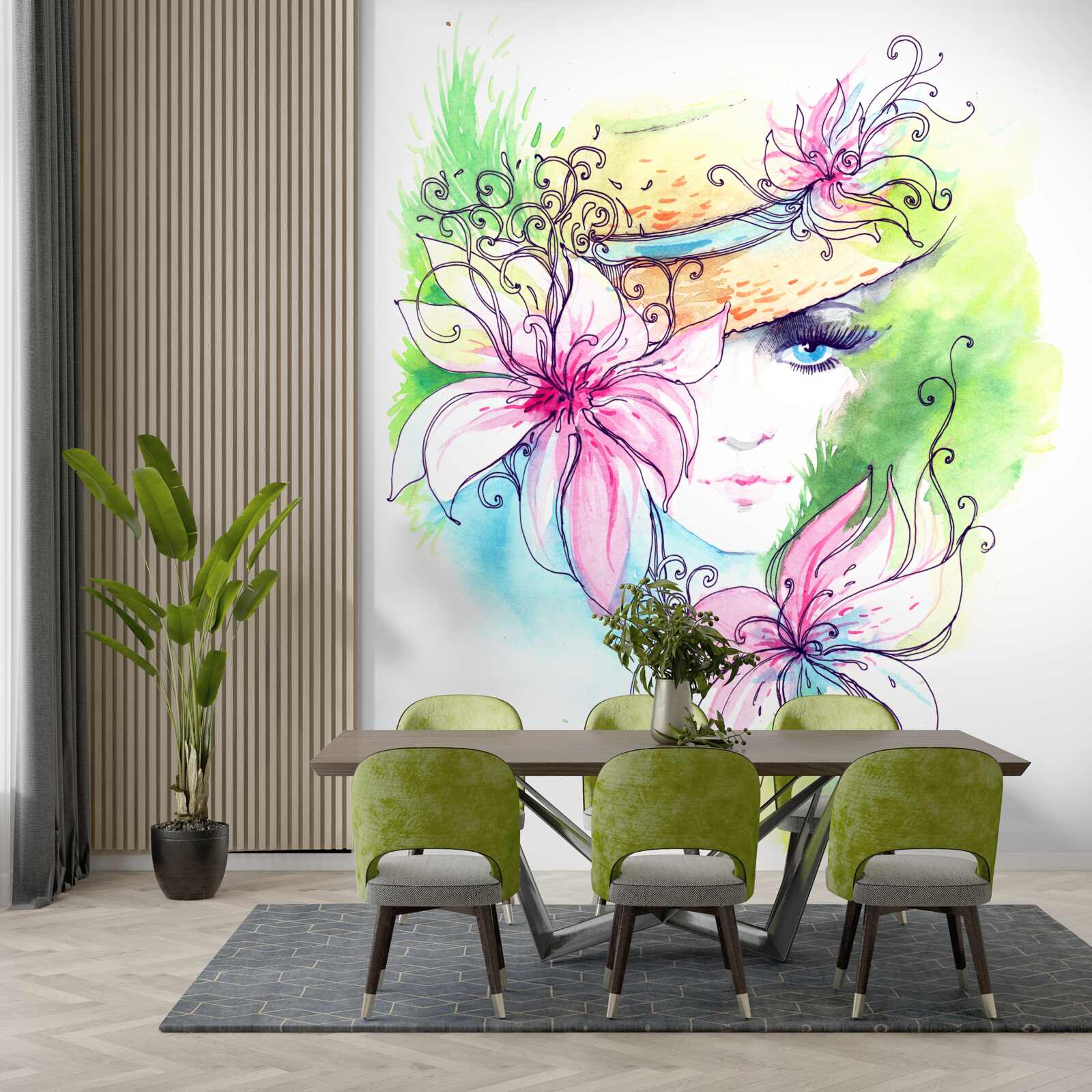 Papier peint portrait d'une jeune fille et fleurs représentées dans le tableau