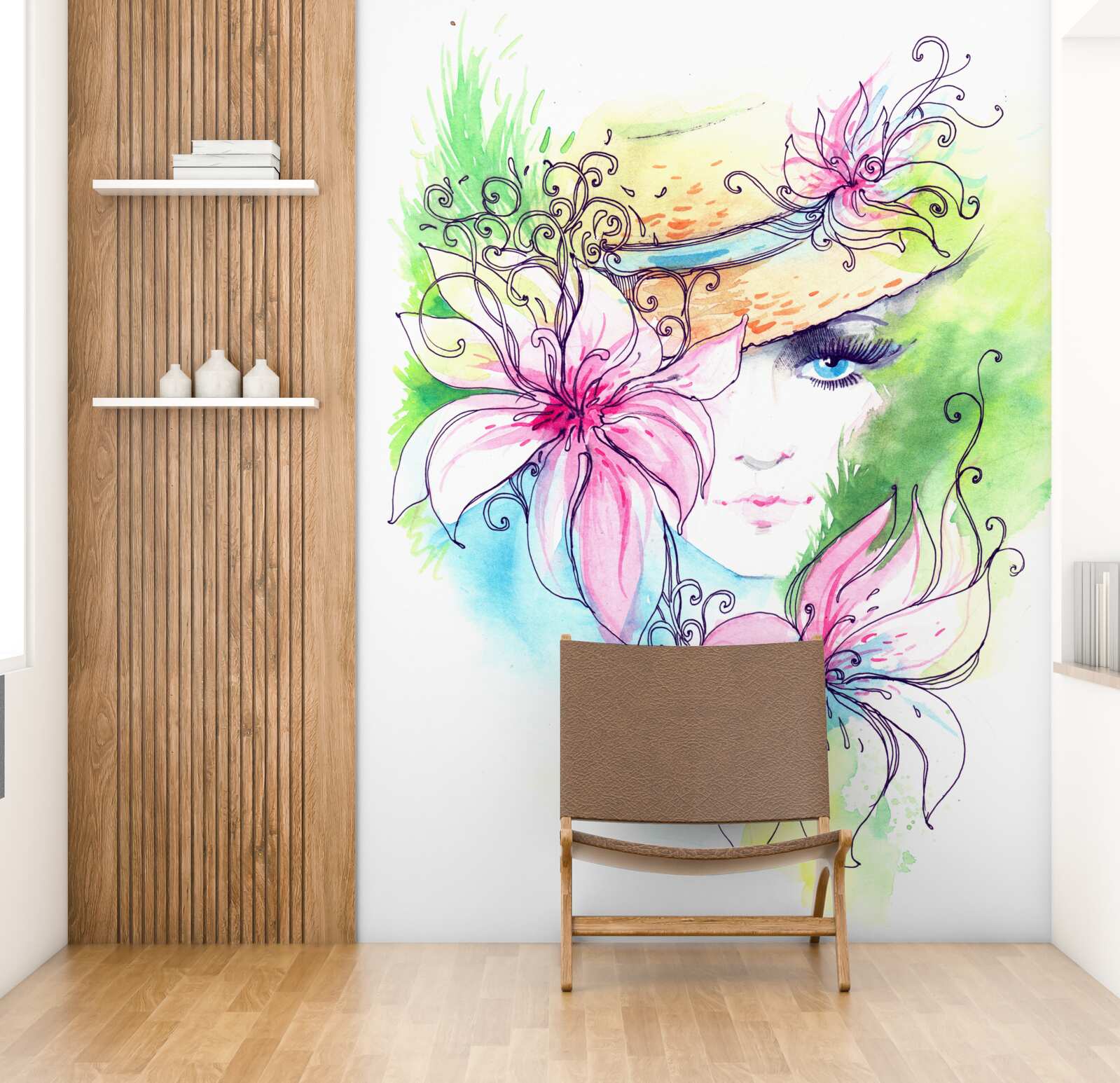 Papier peint portrait d'une jeune fille et fleurs représentées dans le tableau