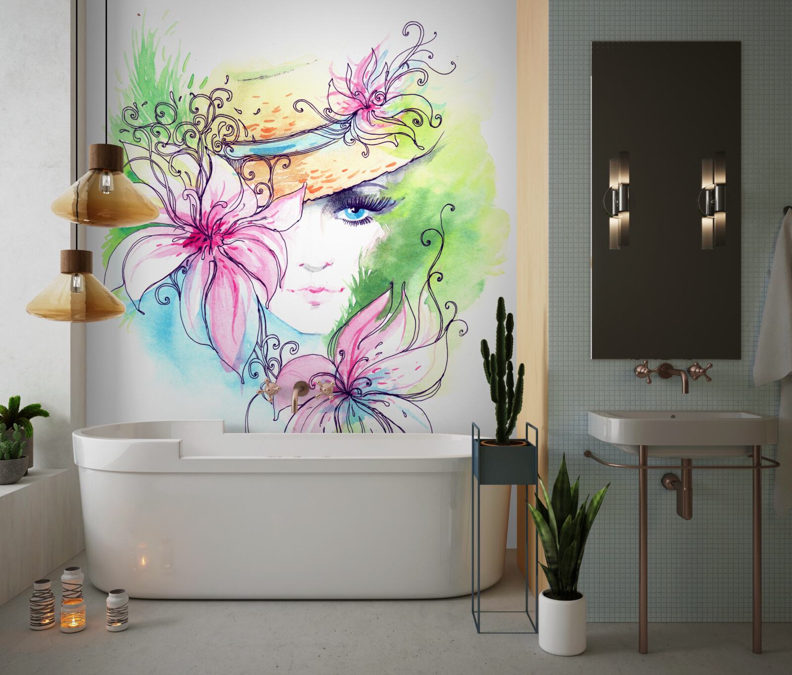 Papier peint portrait d'une jeune fille et fleurs représentées dans le tableau