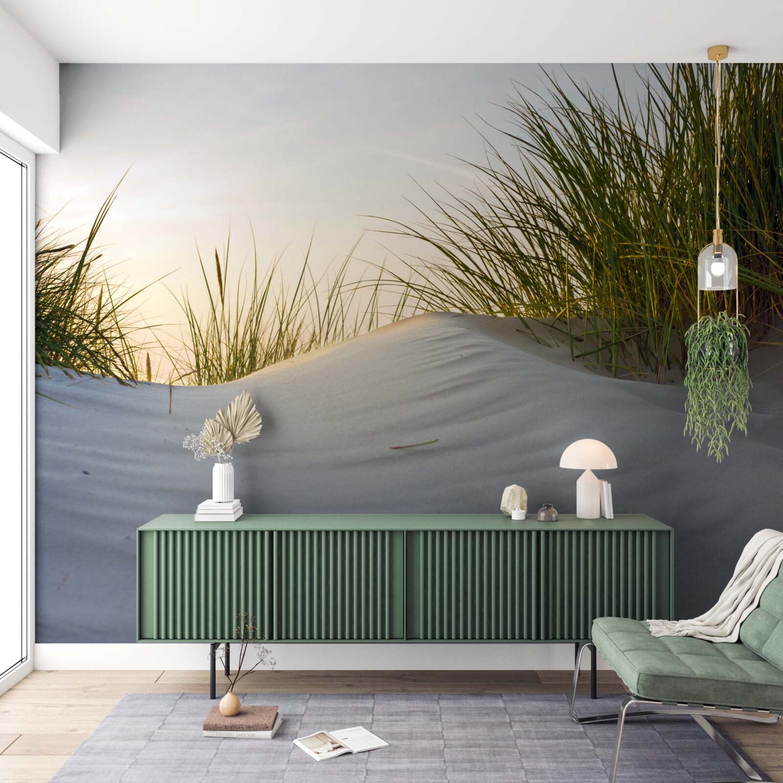 Papier peint plage de sable entourée de verdure au lever du soleil