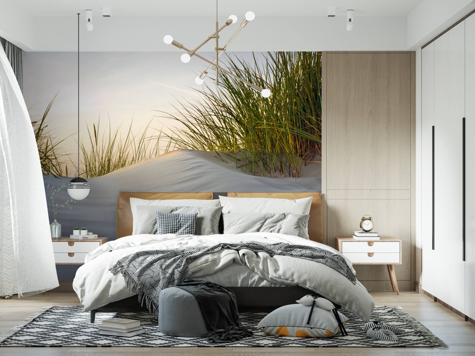 Papier peint plage de sable entourée de verdure au lever du soleil