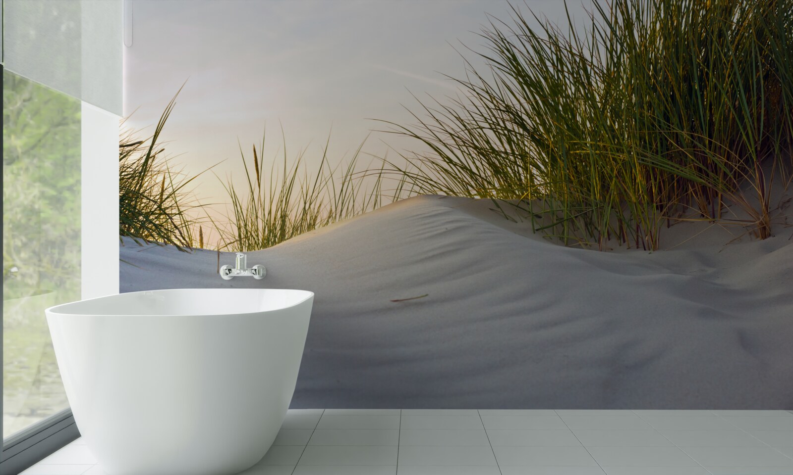 Papier peint plage de sable entourée de verdure au lever du soleil