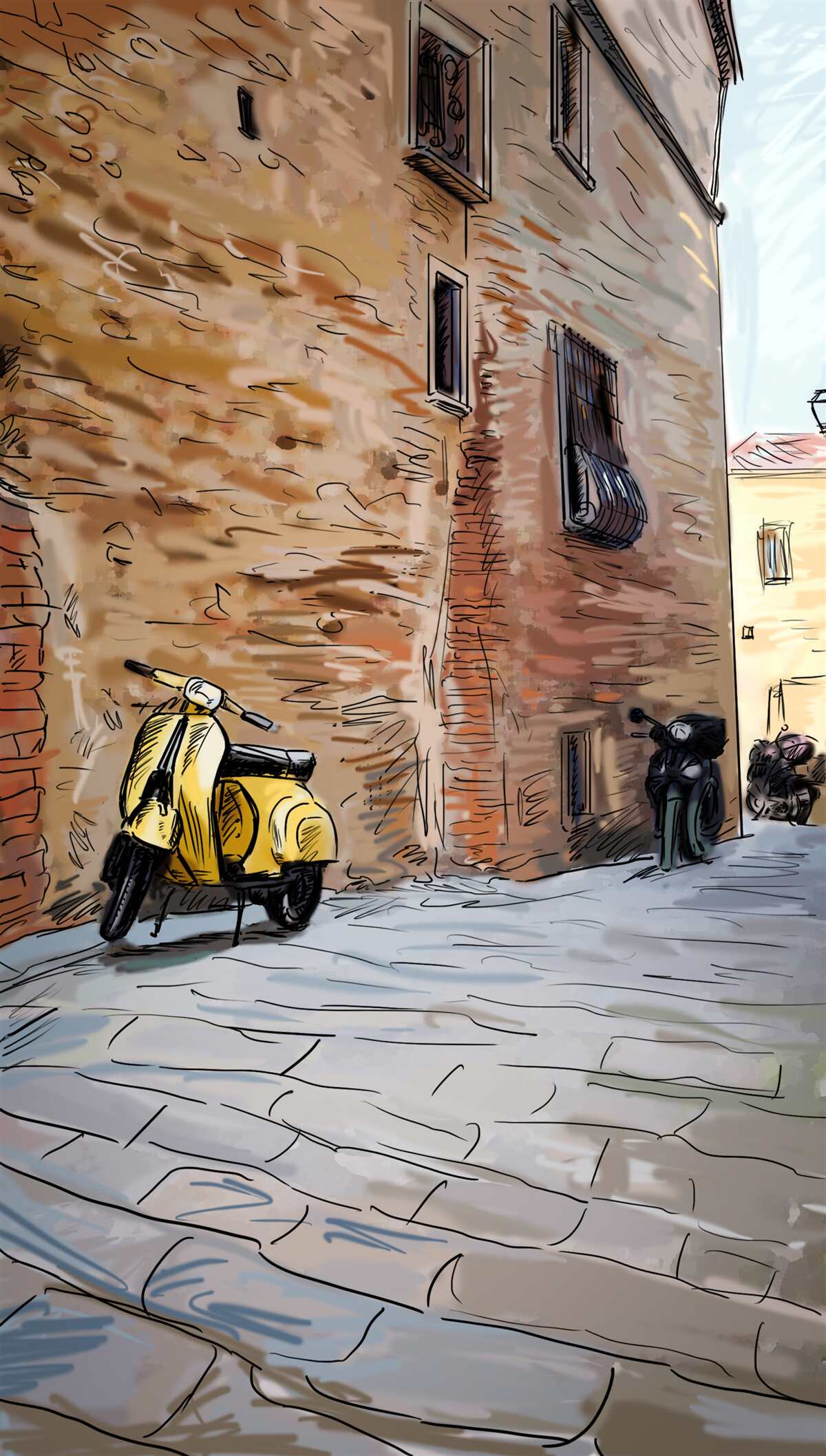 Papier peint ancienne rue pavée et scooter